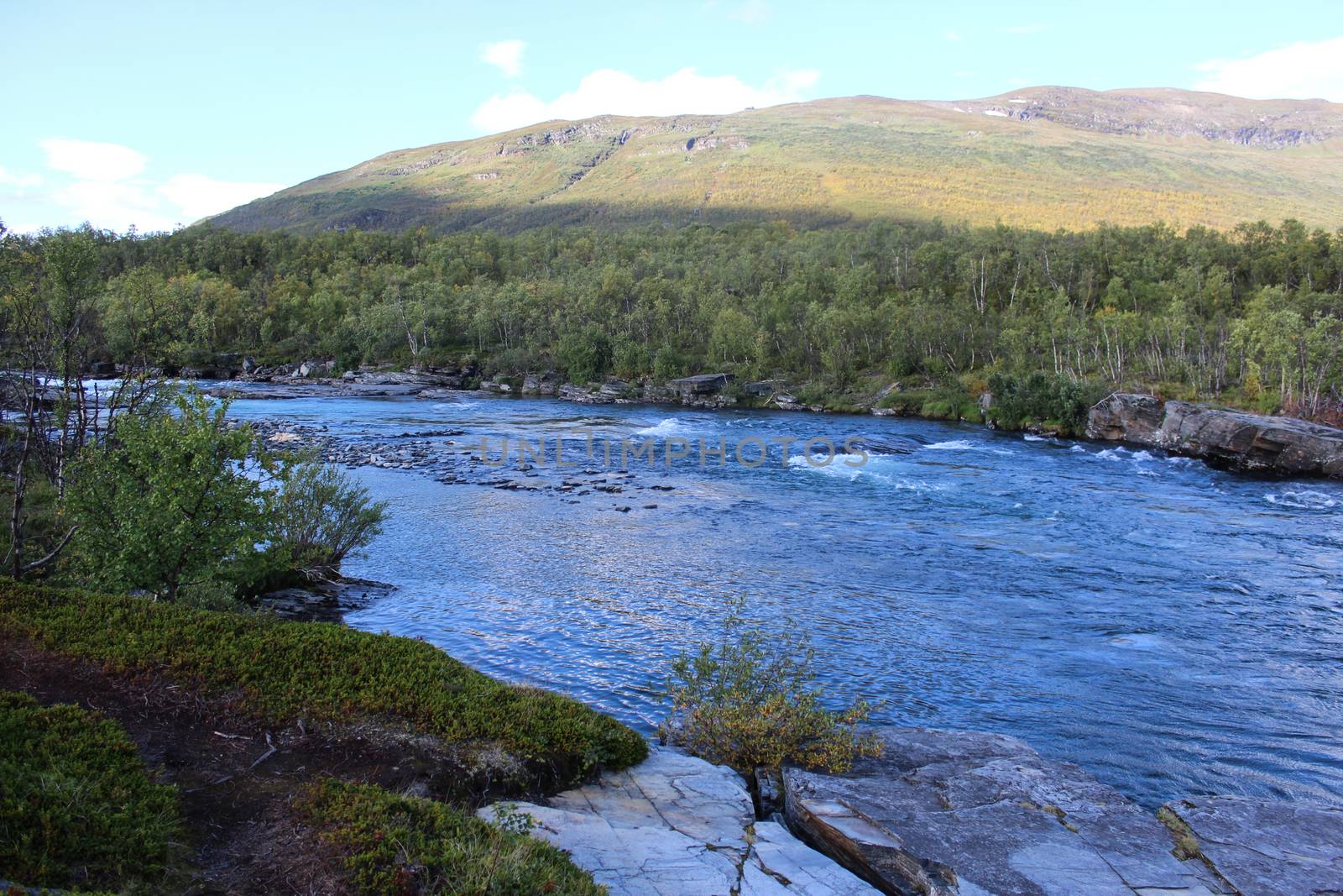 Overview of Kungsleden river in the arctic tundra. Abisko national park, Nothern Sweden