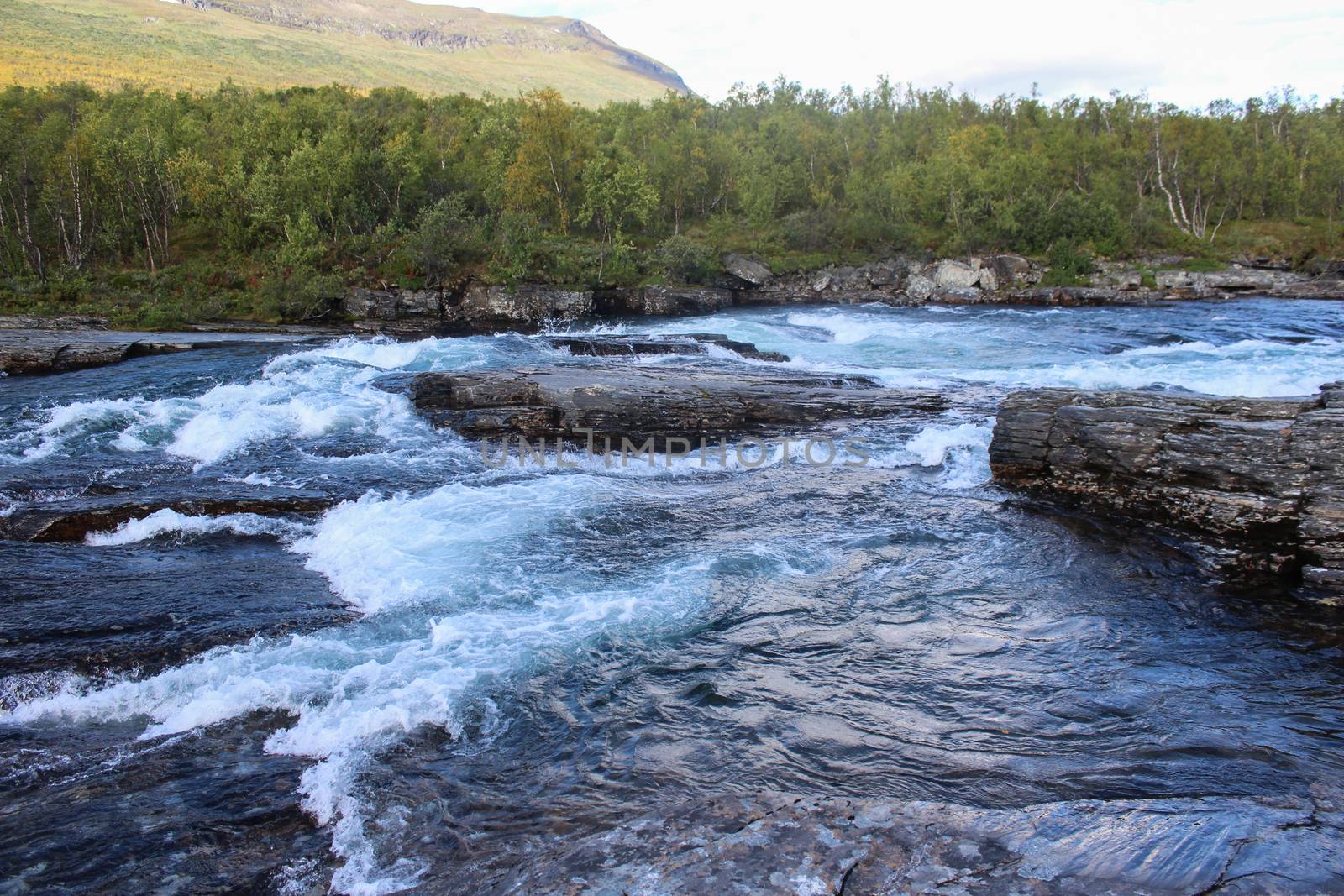 Overview of Kungsleden river in the arctic tundra. Abisko national park, Nothern Sweden