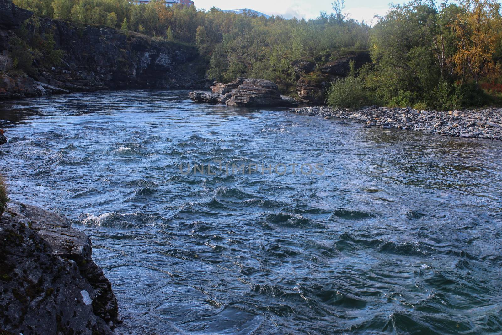 Overview of Kungsleden river in the arctic tundra. Abisko national park, Nothern Sweden