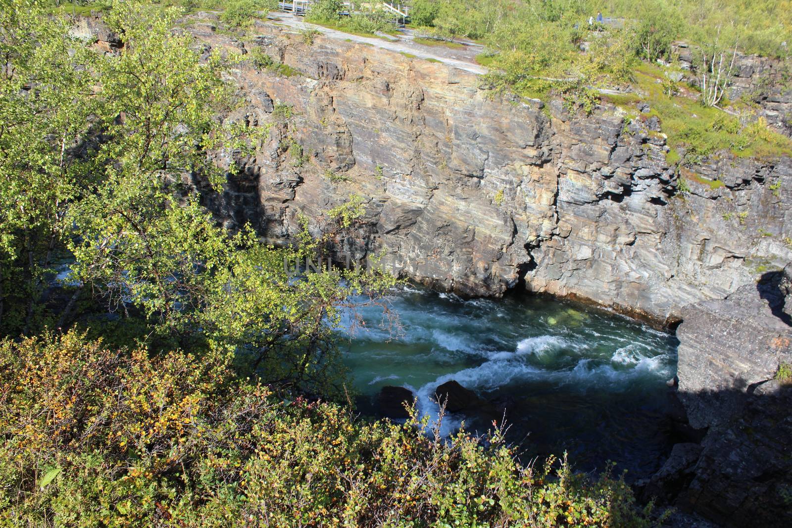 Overview of Kungsleden river in the arctic tundra. Abisko national park, Nothern Sweden