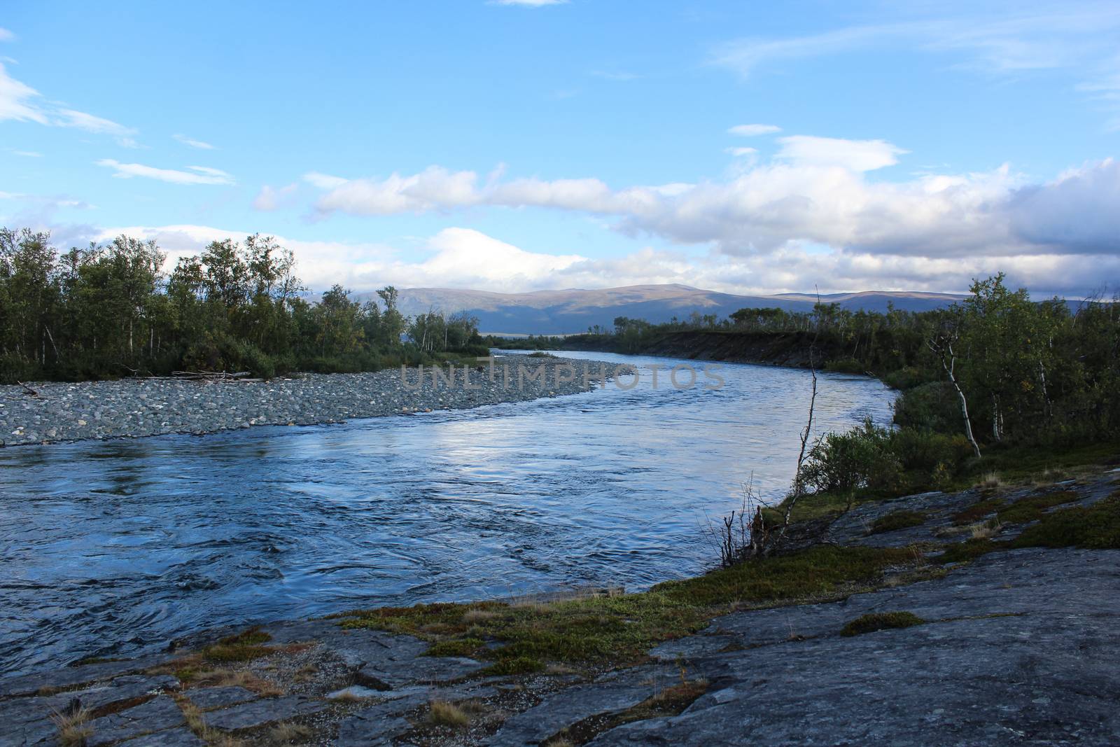 Overview of Kungsleden river in the arctic tundra. Abisko national park, Nothern Sweden