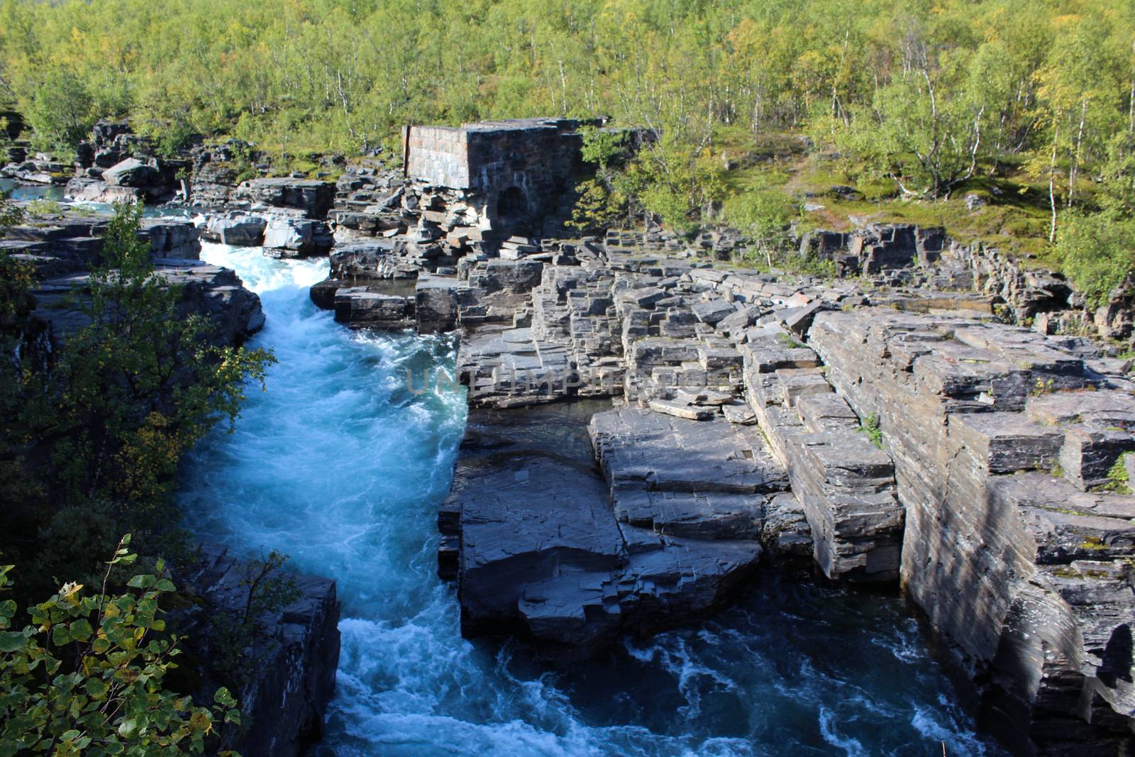 Overview of Kungsleden river in the arctic tundra. Abisko national park, Nothern Sweden