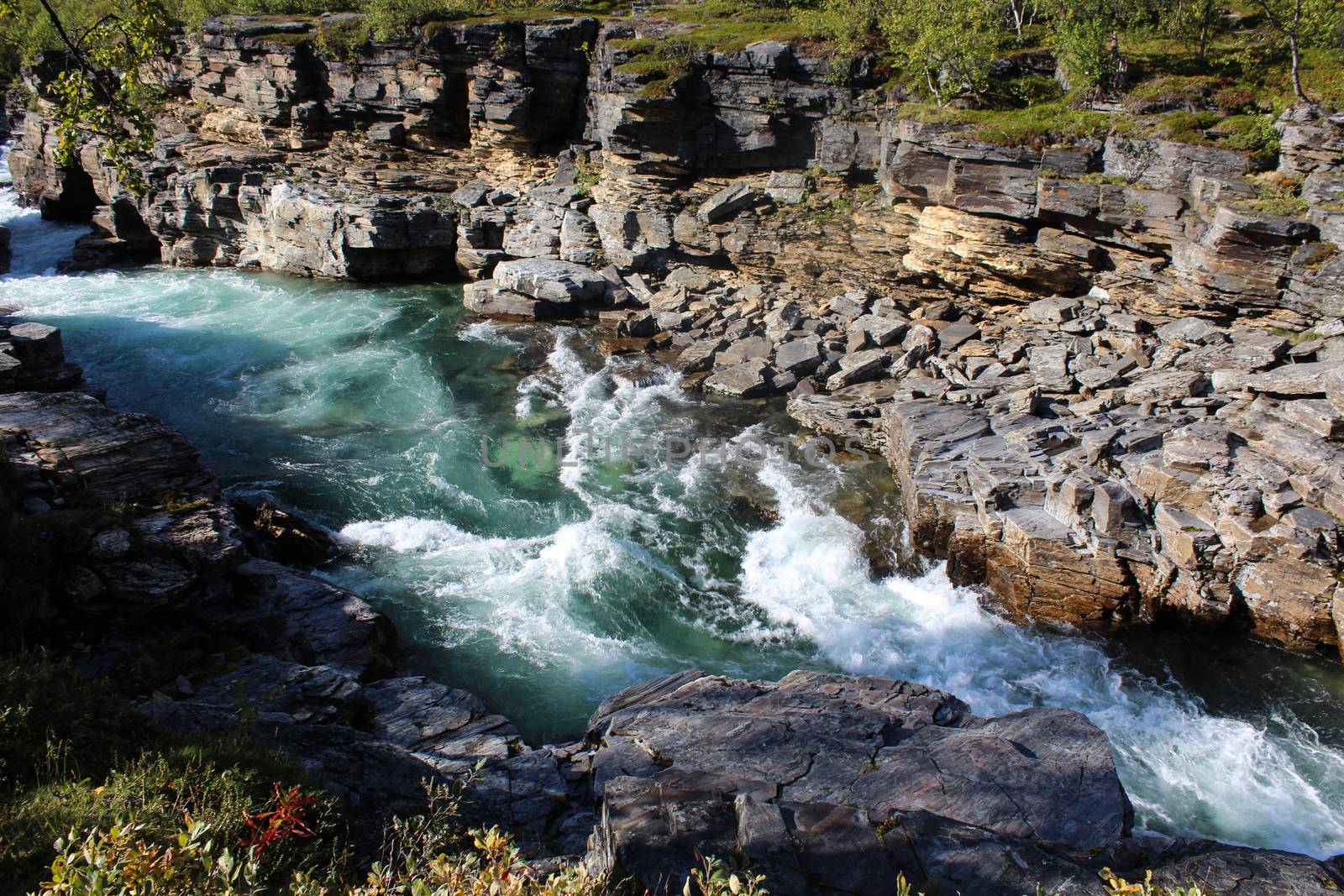 Overview of Kungsleden river in the arctic tundra. Abisko national park, Nothern Sweden