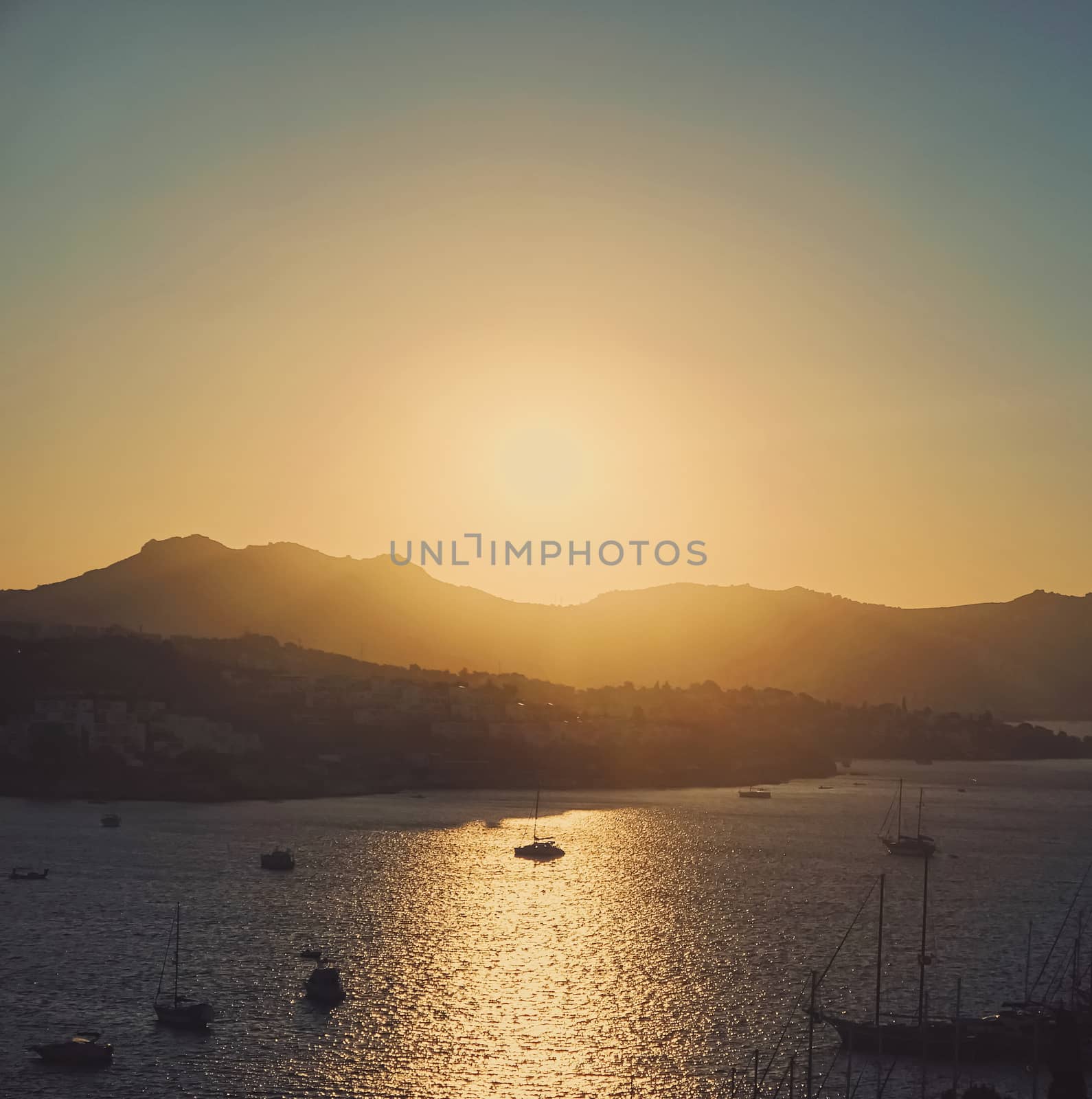 Sea view and mountains in the Mediterranean at sunset, summer vacation travel and holiday destination by Anneleven