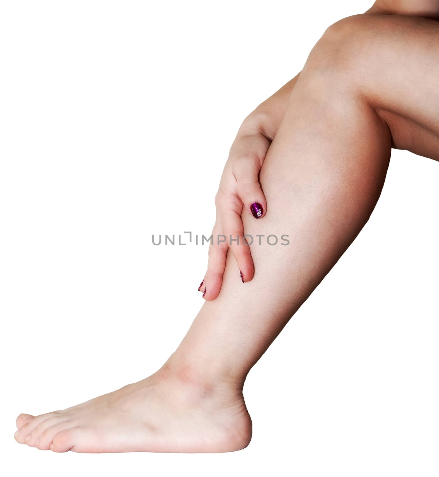 woman massaging her leg hand closeup isolated on white background