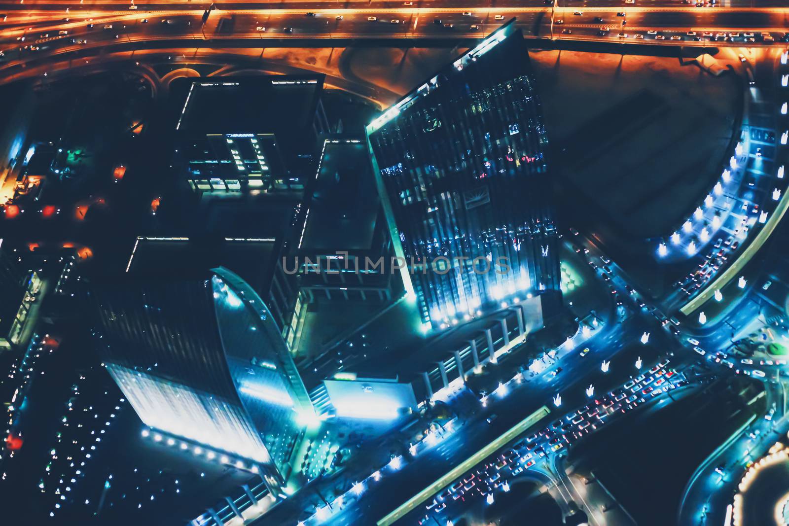 Aerial night view of Dubai in United Arab Emirates, metropolitan cityscape scenery