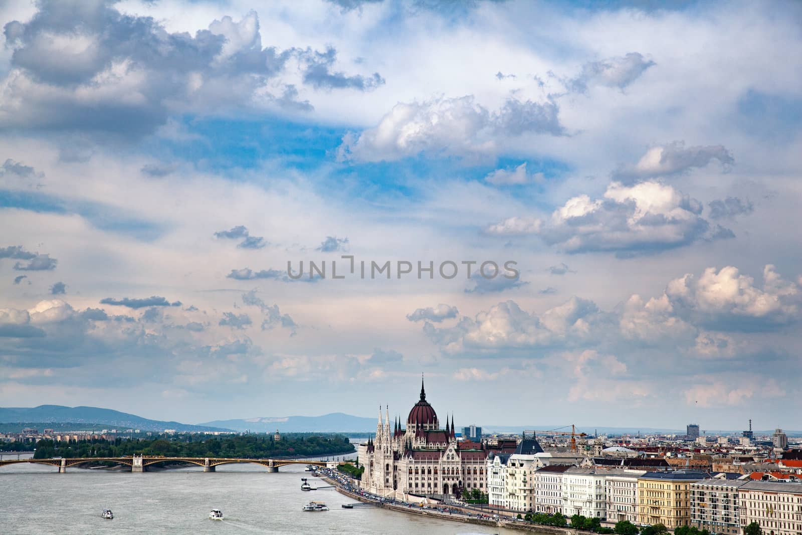 Aerial view of Budapest with the river and parliament