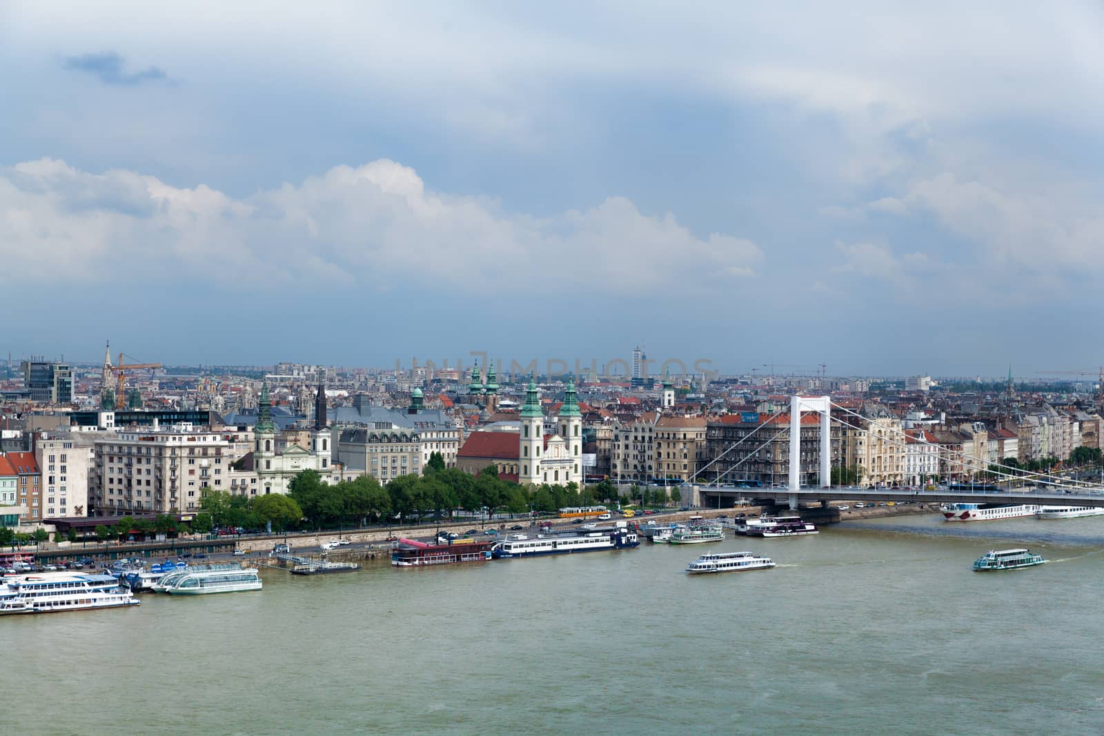 Aerial view of Budapest with the river and Elisabeth Bridge