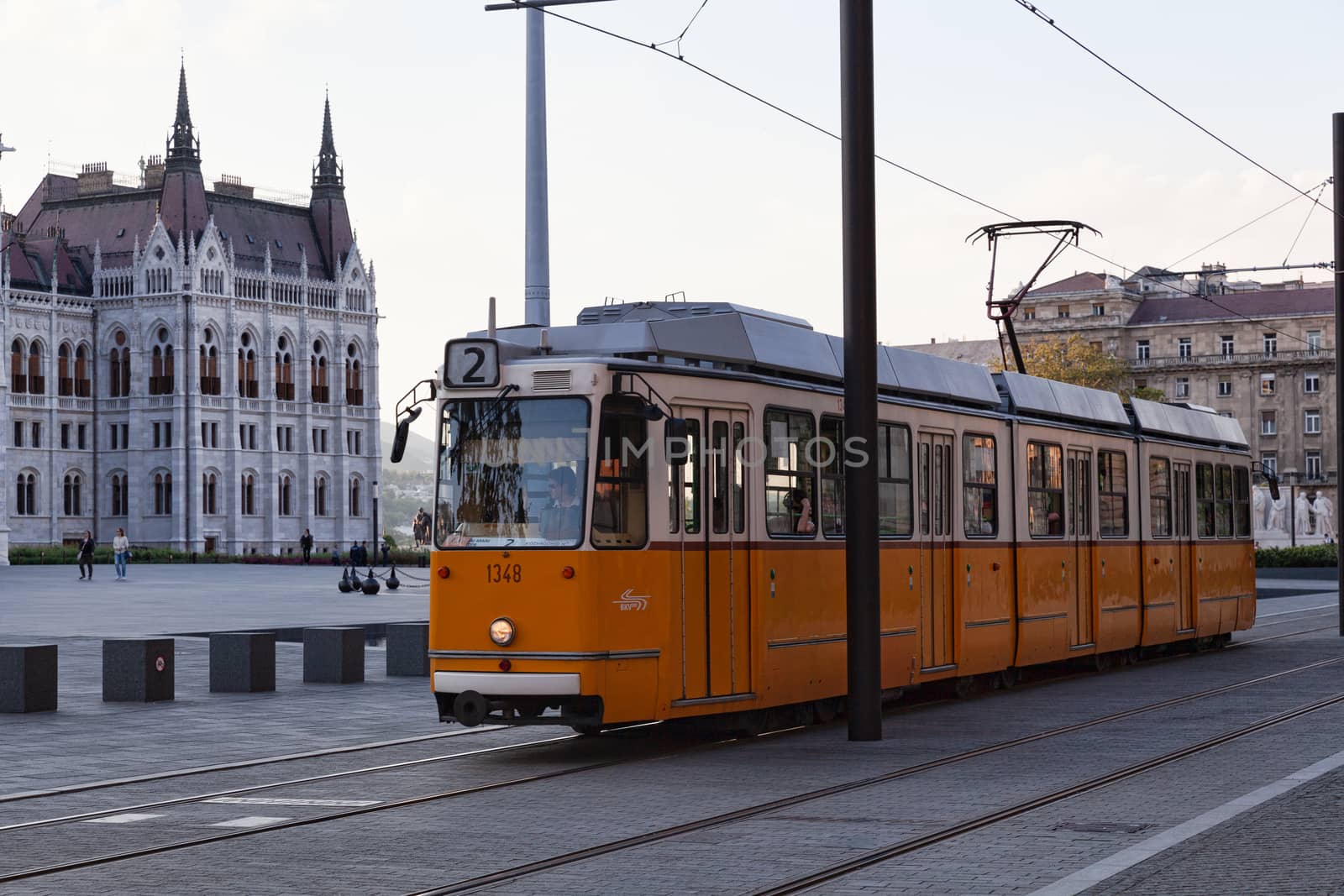 Budapest, Hungary - 4 May 2017: Tram passing Kossuth Lajos square