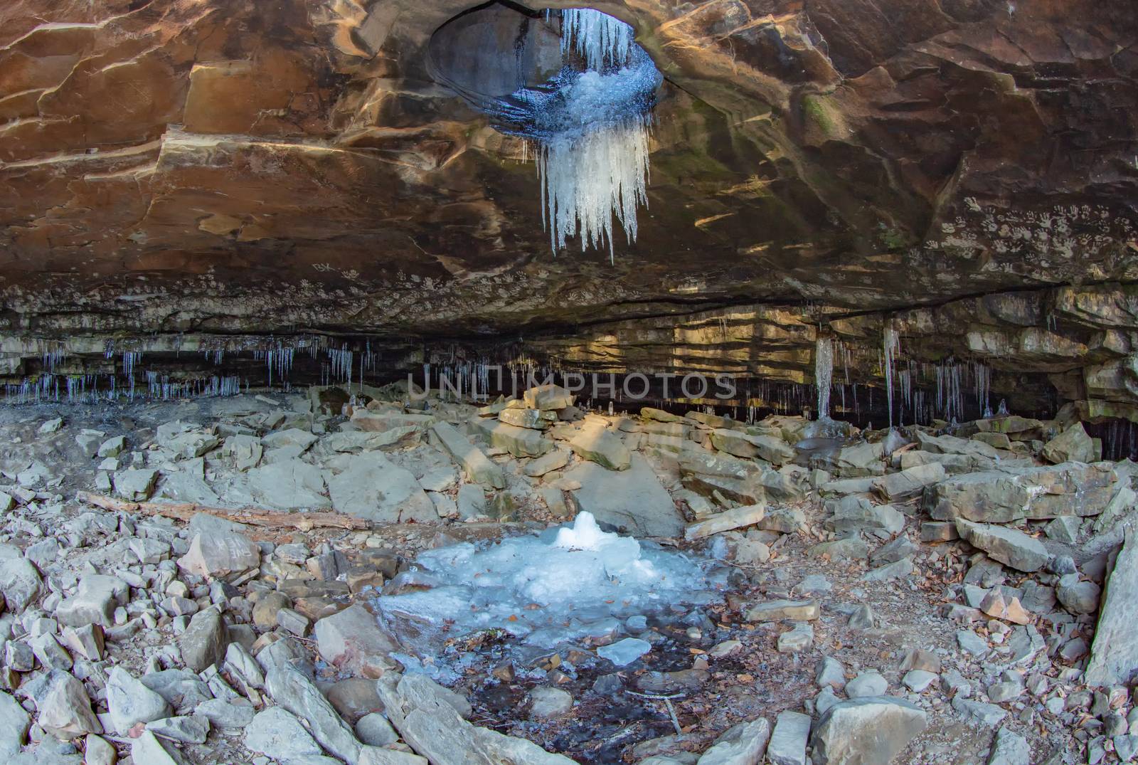 Icicles hang from Arkansas's Glory Hole Falls on a cold winter day.