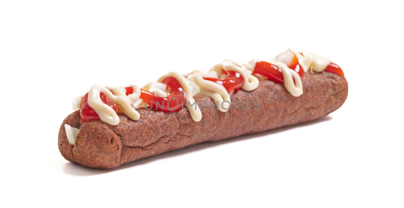 One frikadel with ketchup, mayonnaise on chopped onions, a Dutch fast food snack called 'frikadel speciaal', the Netherlands