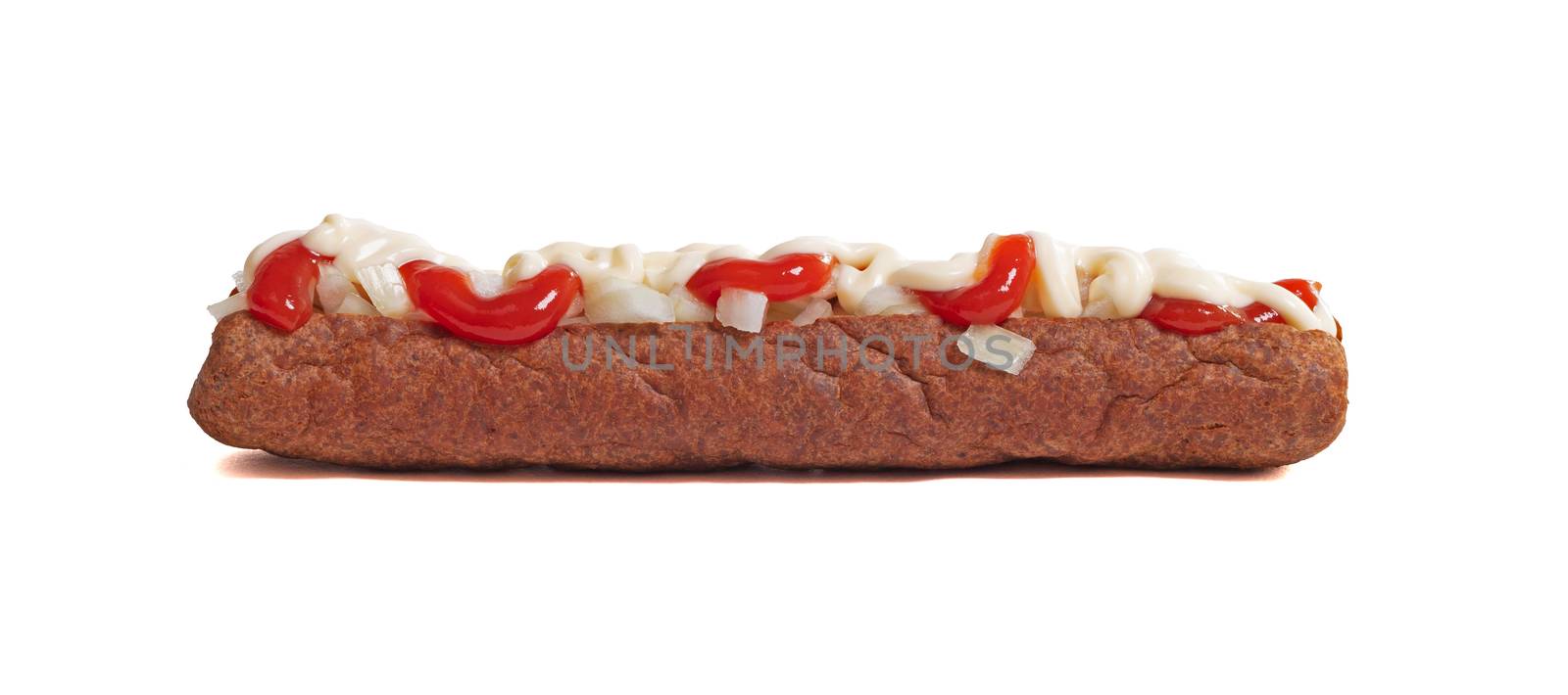 One frikadel with ketchup, mayonnaise on chopped onions, a Dutch fast food snack called 'frikadel speciaal', the Netherlands