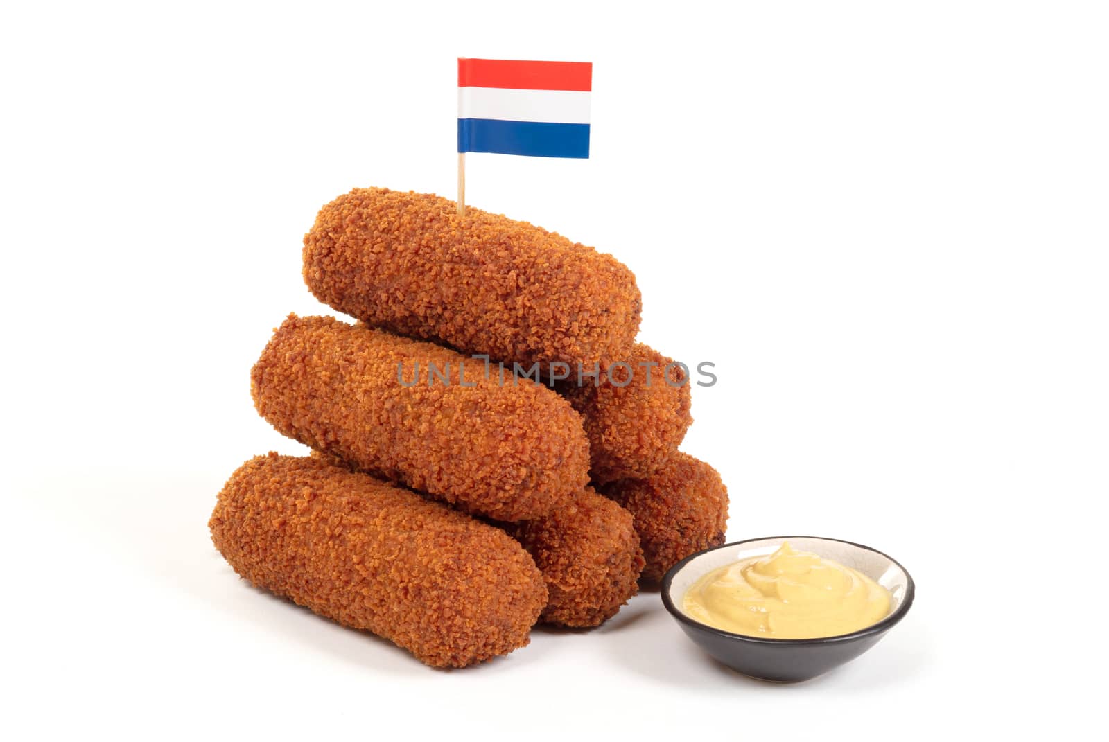 Brown crusty dutch kroketten with dutch flag, isolated on a white background