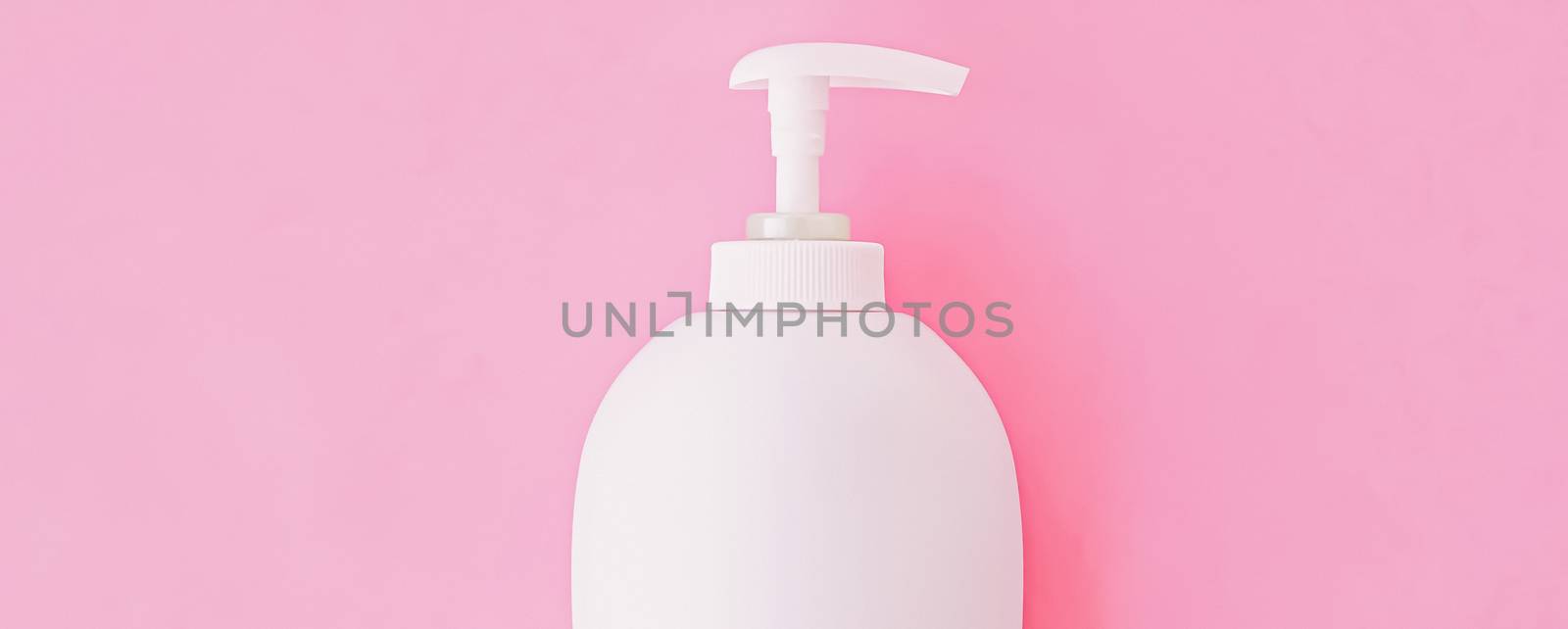 Bottle of antibacterial liquid soap and hand sanitizer on pink background, hygiene product and healthcare by Anneleven