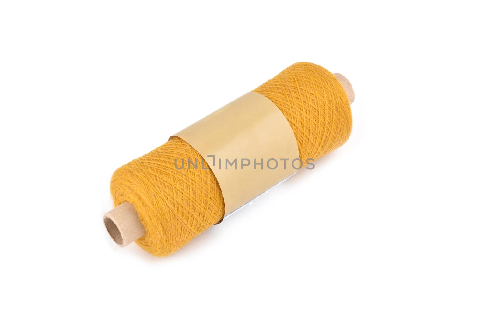 Color bobbin of yarn with label. Side view. Textile reel on isolated white background. Use for store