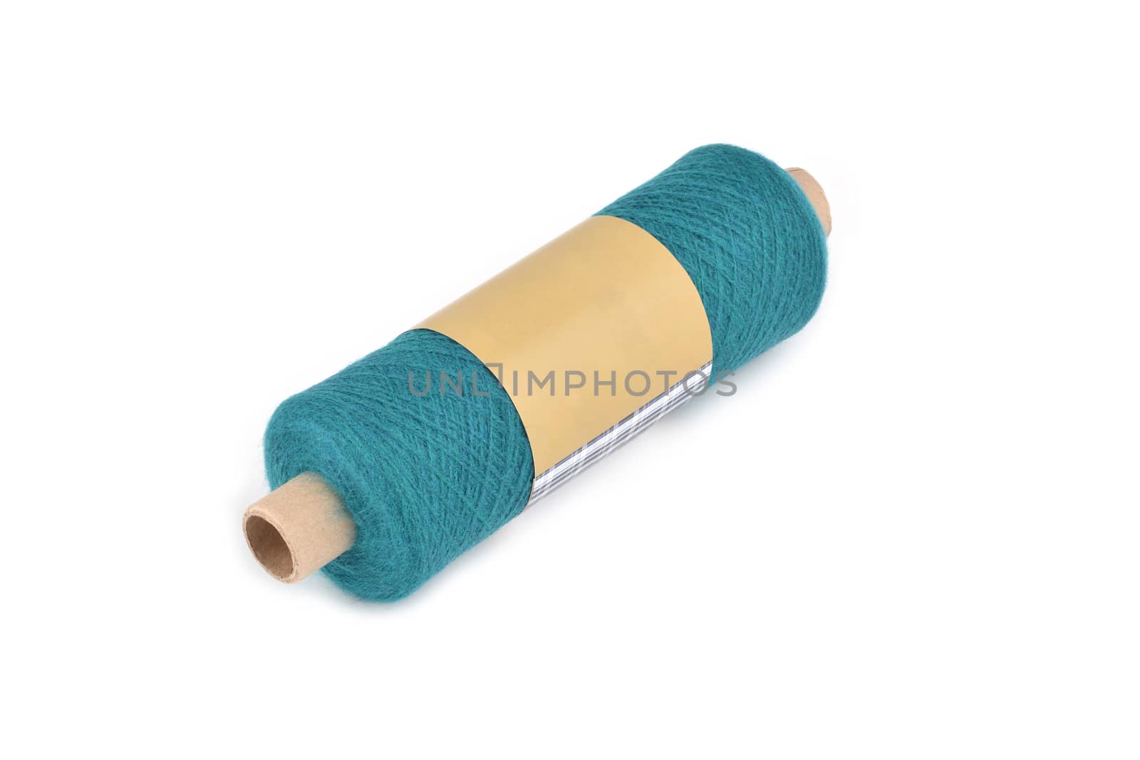 Color bobbin of yarn with label. Side view. Textile reel on isolated white background. Use for store