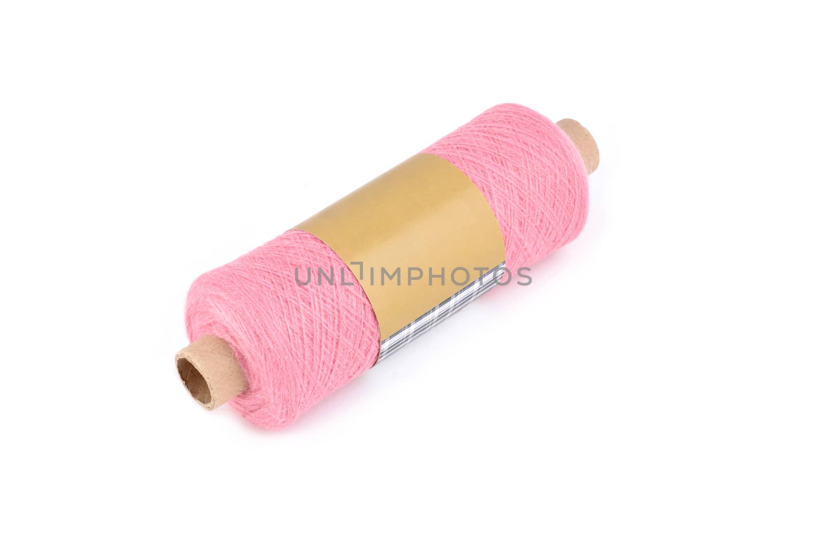 Color bobbin of yarn with label. Side view. Textile reel on isolated white background. Use for store