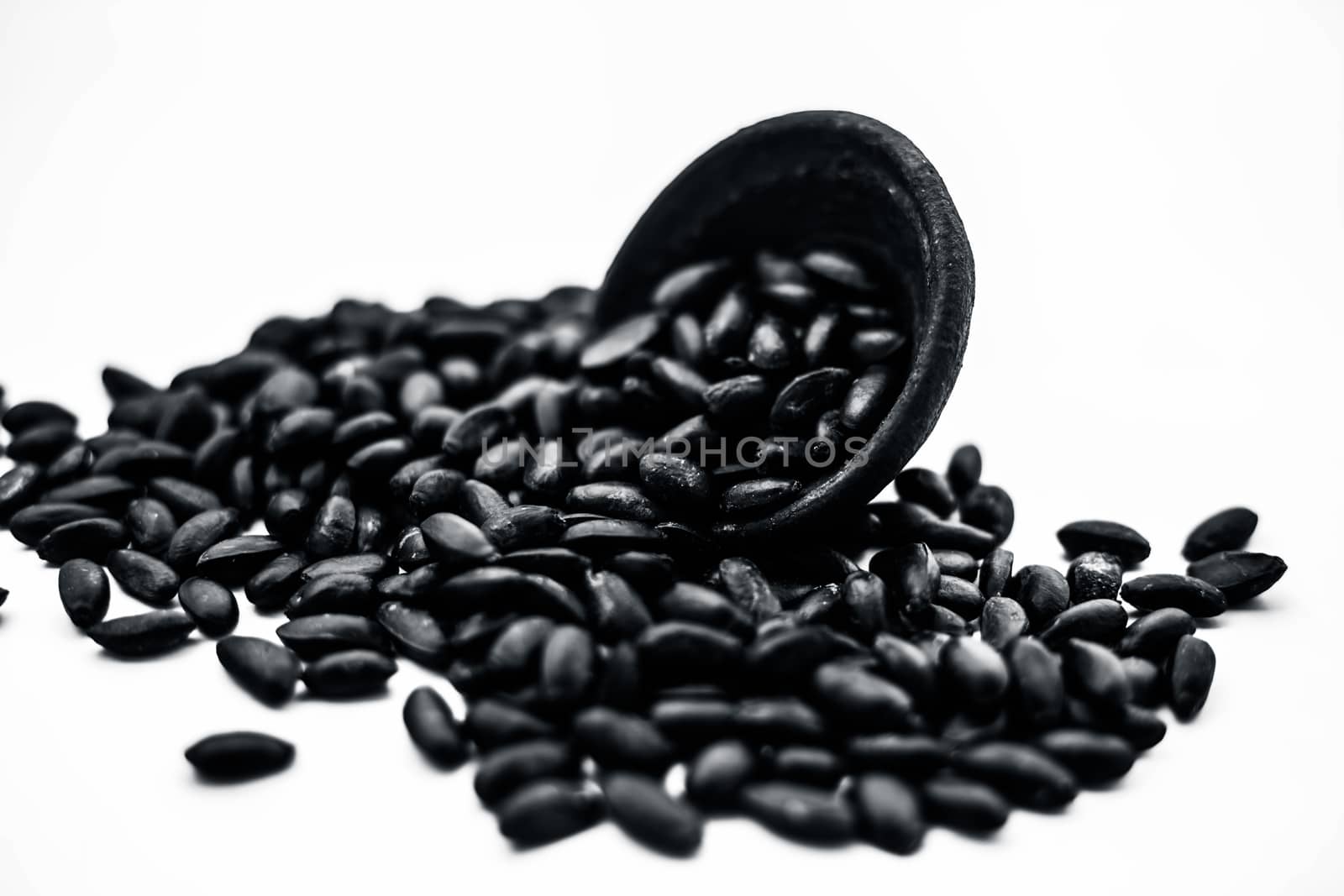 Close up of brown colored dried custard apples or sitaphal or sugar apple seeds in a black colored clay bowl isolated on white.