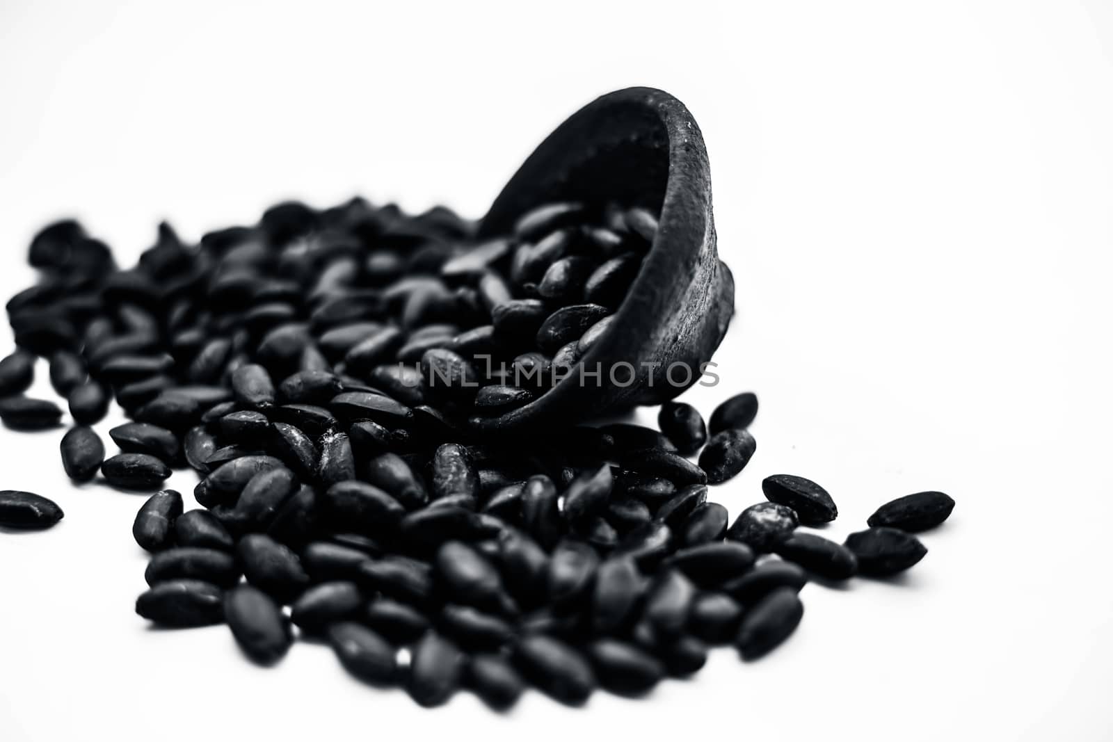Close up of brown colored dried custard apples or sitaphal or sugar apple seeds in a black colored clay bowl isolated on white.