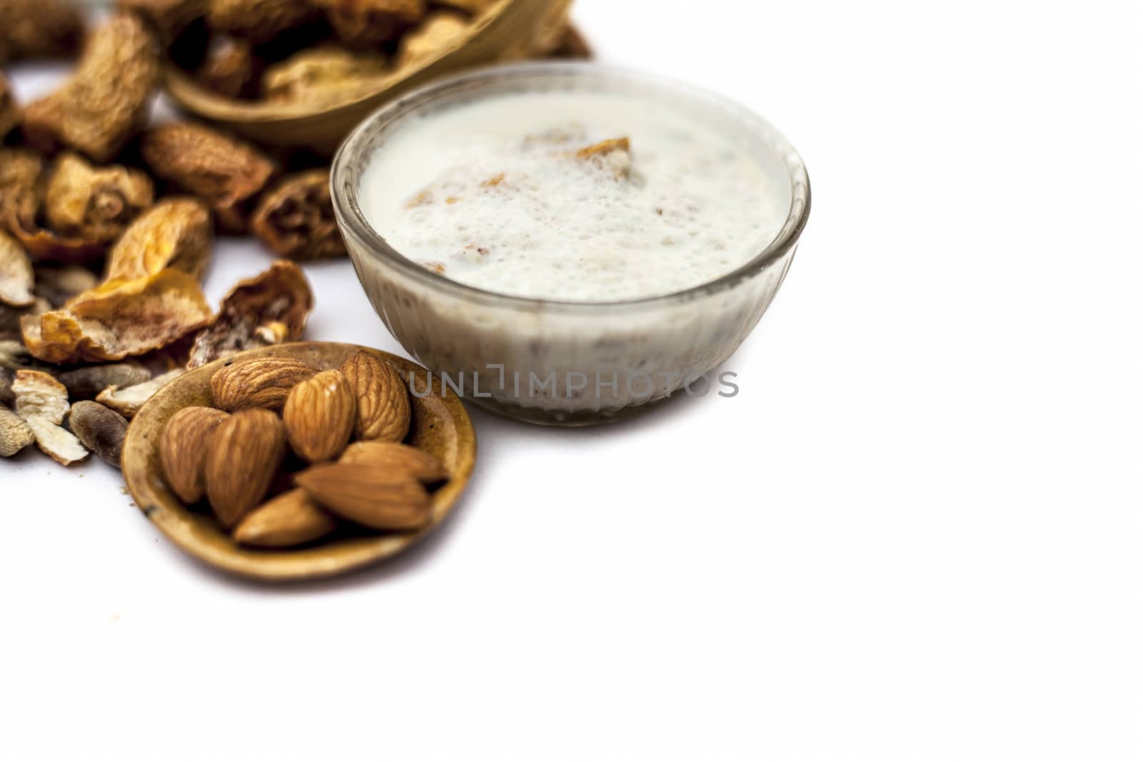 Close up of popular Indian and asian Winter drink isolated on white i.e. Kharek ka dudh or dried dates milk consisting of milk,dried dates,cashews,almonds dry fruits and sugar. by mirzamlk