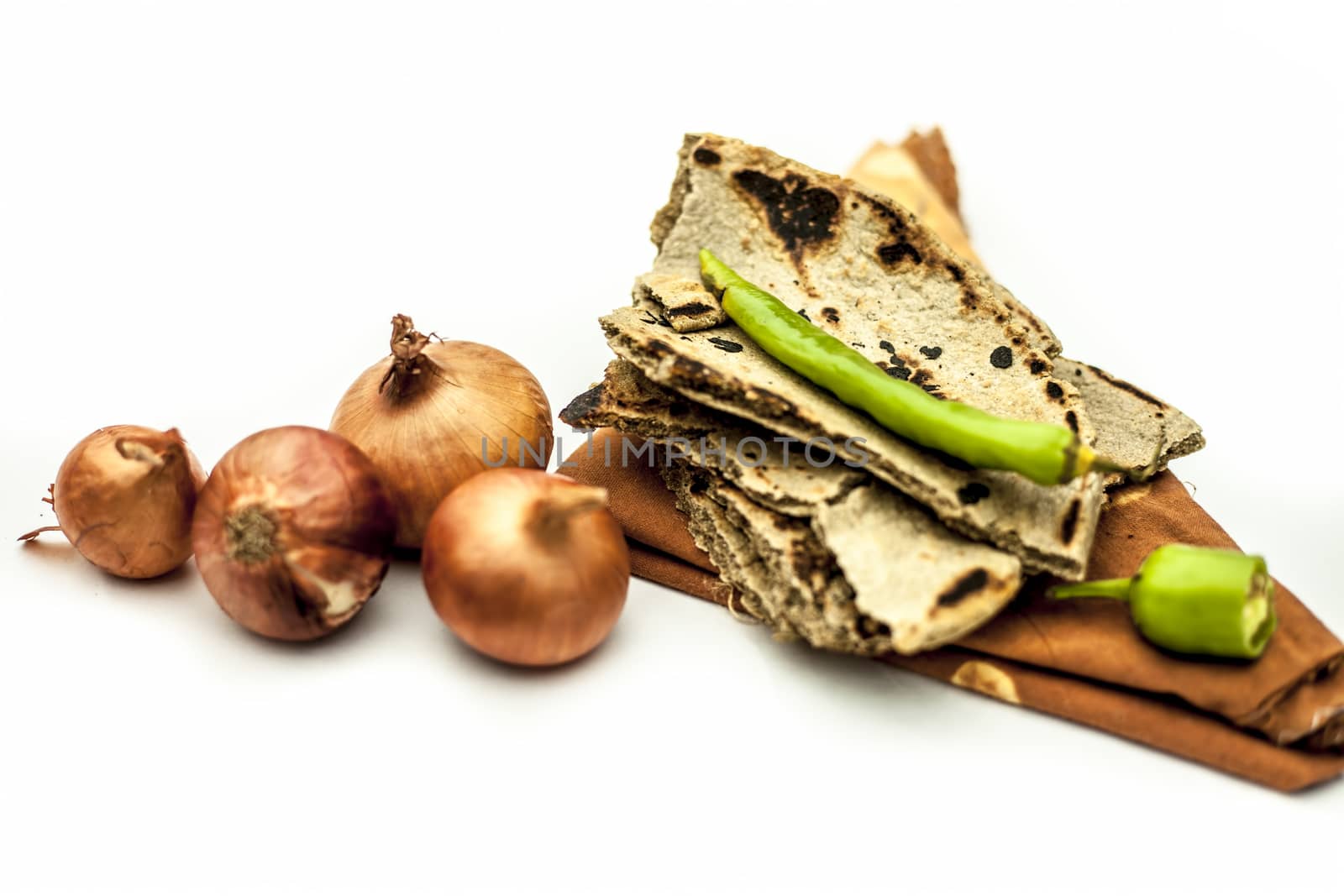 Poor man's lunch or farmer's lunch isolated on white or common items eaten in lunch isolated on white which are bajri ki roti with cut and raw onion along with green chili.