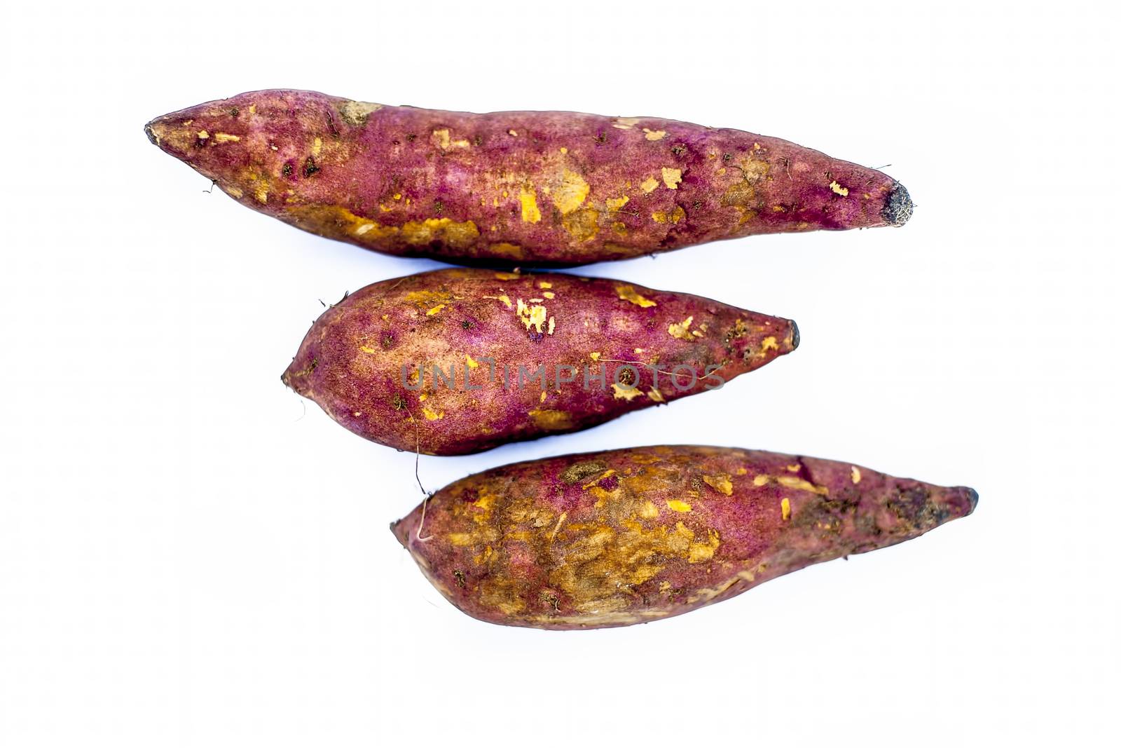 Root vegetable isolated on white i.e. Sweet potato or shakarakand or Ipomoea batatas or yam.