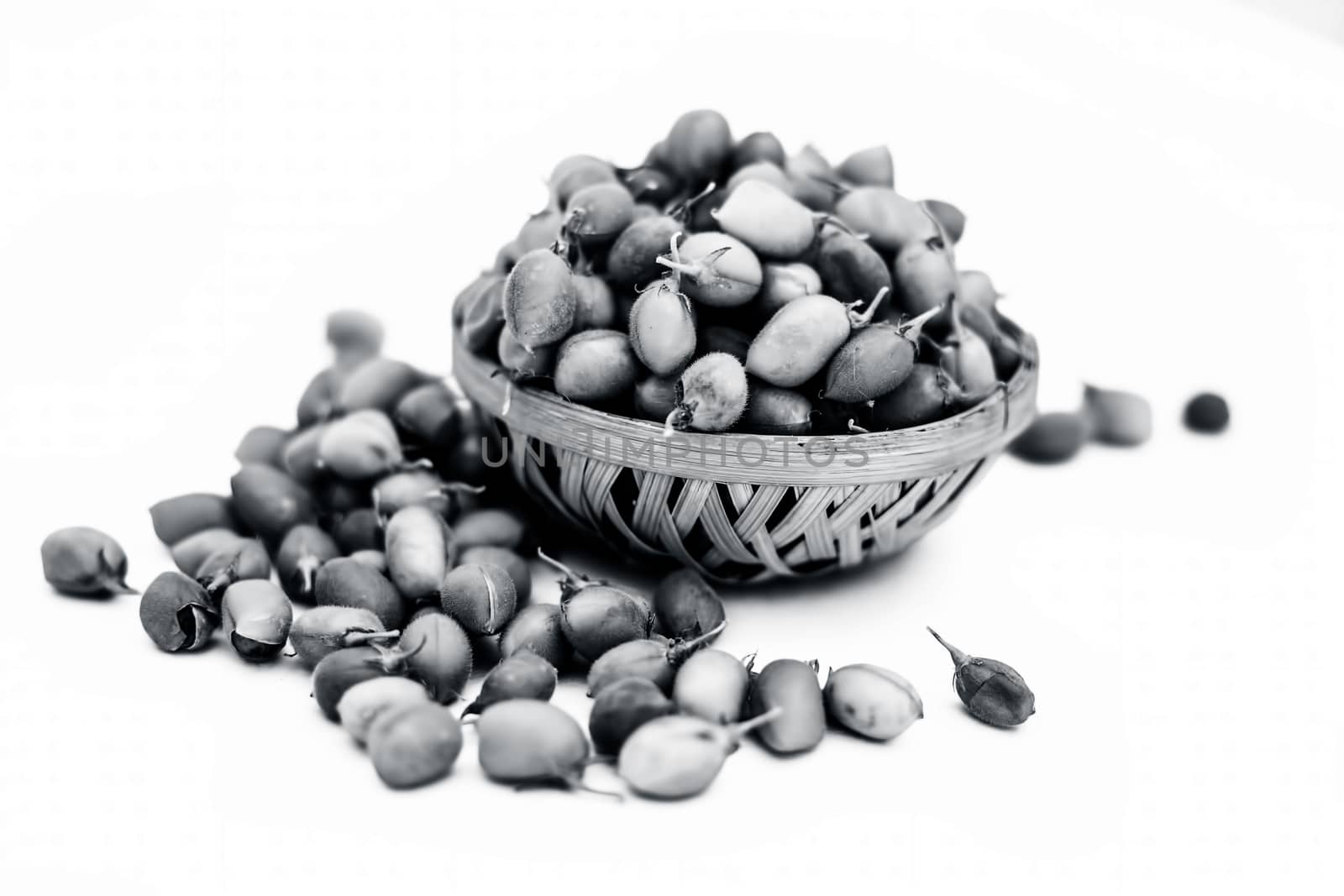 Ginjua or gingua or chick peas or chick pods or Egyptian beans in a clay bowl isolated on white.