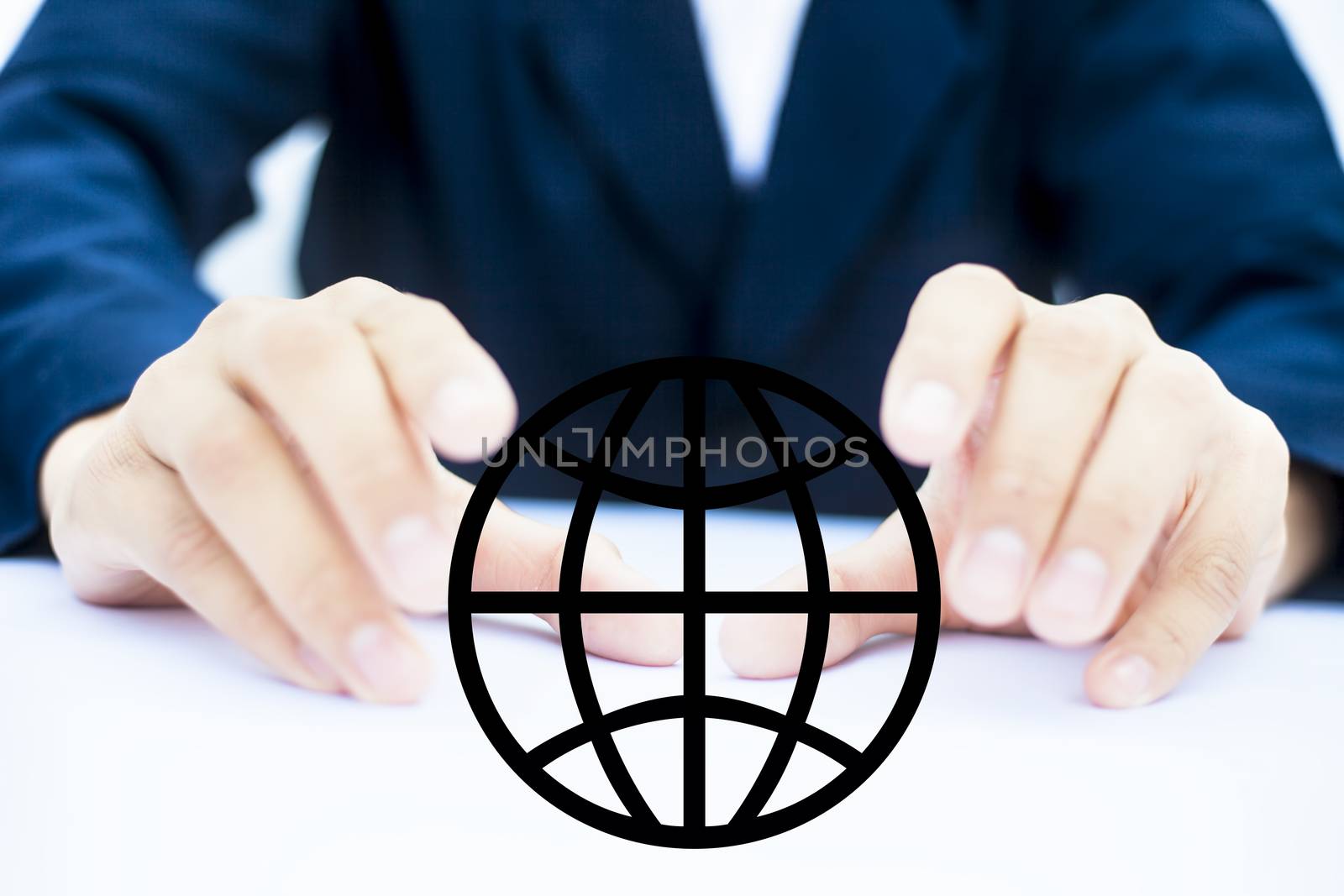 Close up of hands of business man or employee wearing blue colored suit and trying save the globe or our earth isolated by holding a globe shape in his hands.