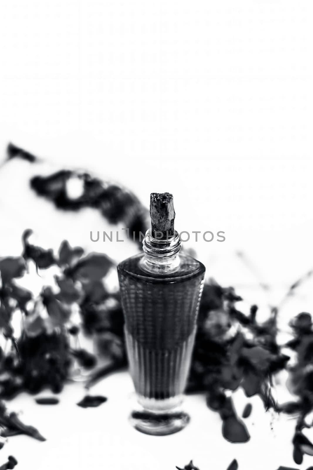 Close up shot of perfume or scent of peacock flower in a transparent bottle along with raw flowers isolated on white.