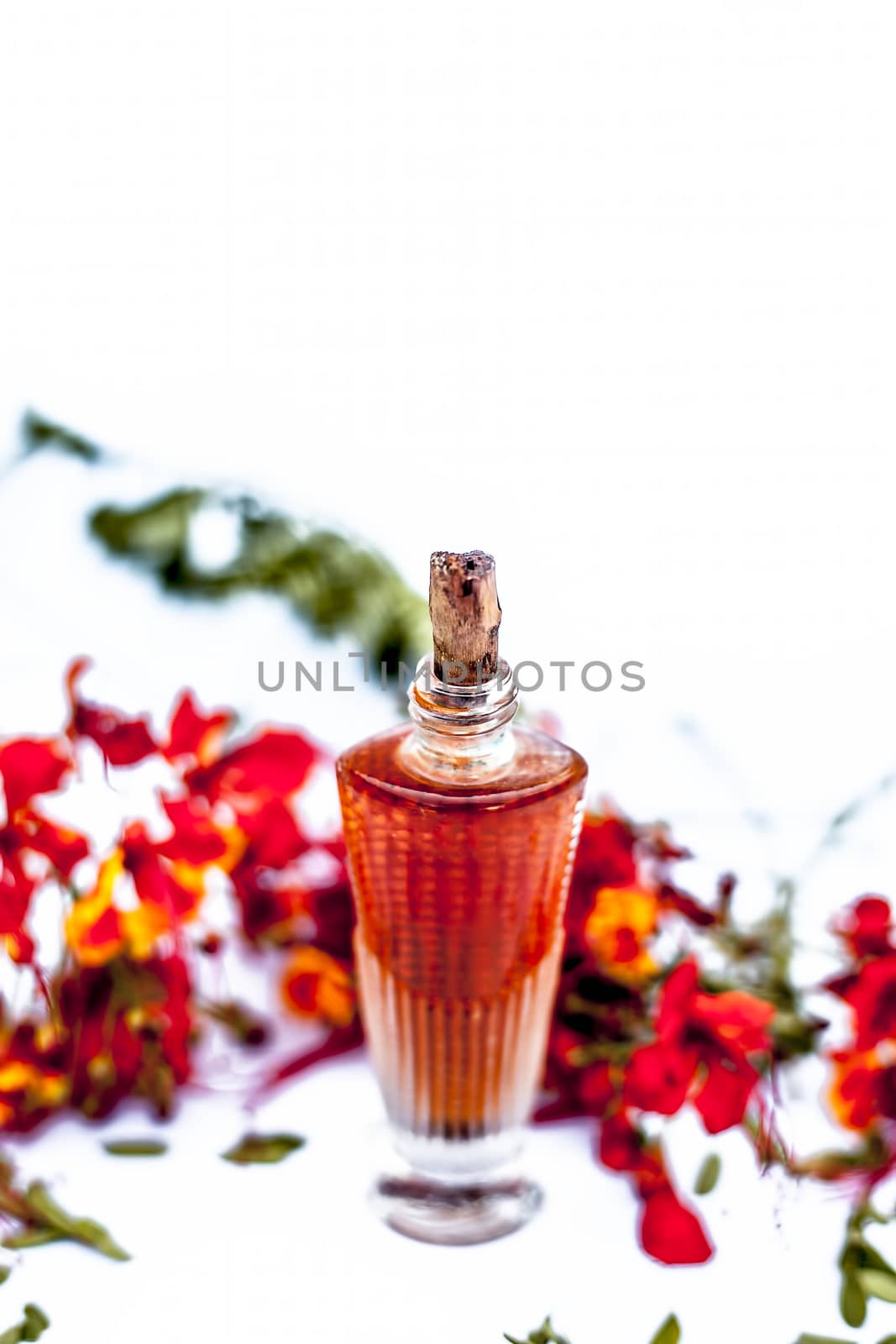 Close up shot of perfume or scent of peacock flower in a transparent bottle along with raw flowers isolated on white.
