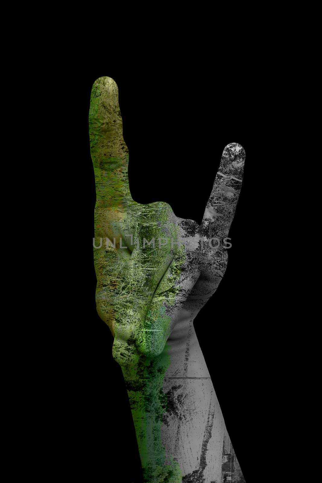 Double exposure shot of pair of hands with some hand sign and having healing nature. Concept of Care for mother nature. by mirzamlk