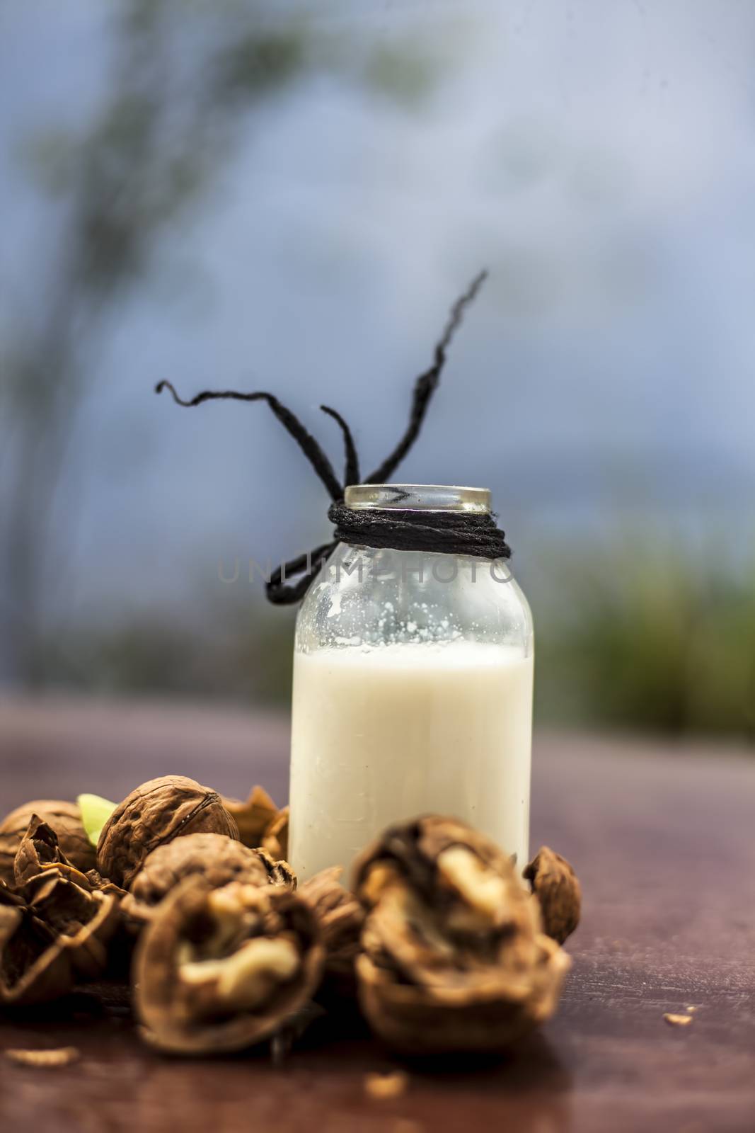 Close up of walnut or akhrot on wooden surface in a clay bowl with a small transparent bottle used to make dry fruit milkshake.