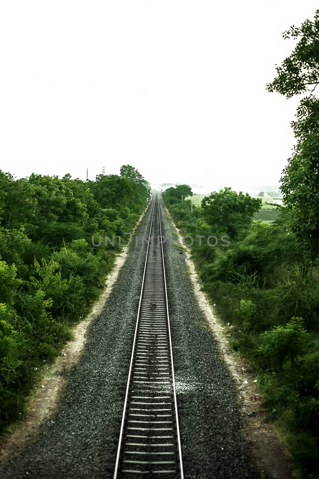 Green fields with railways tracks in center isolated on white.