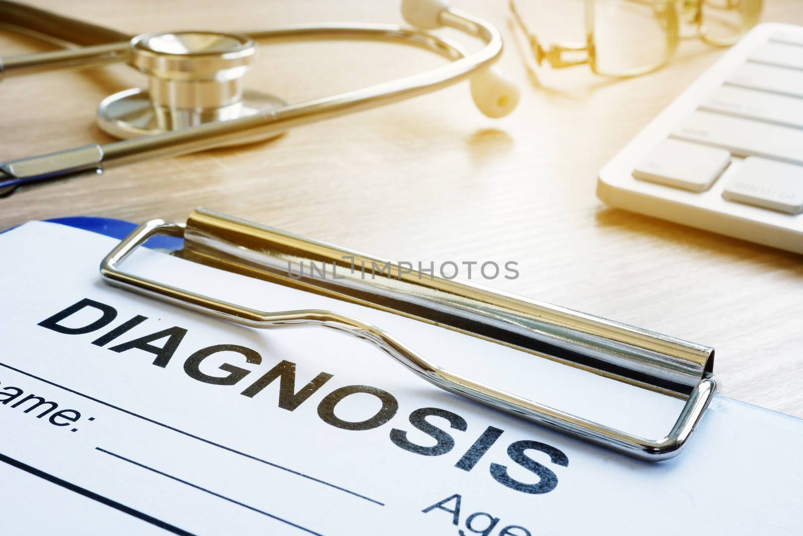 Diagnosis form on a hospital desk. Medicine or health care concept.