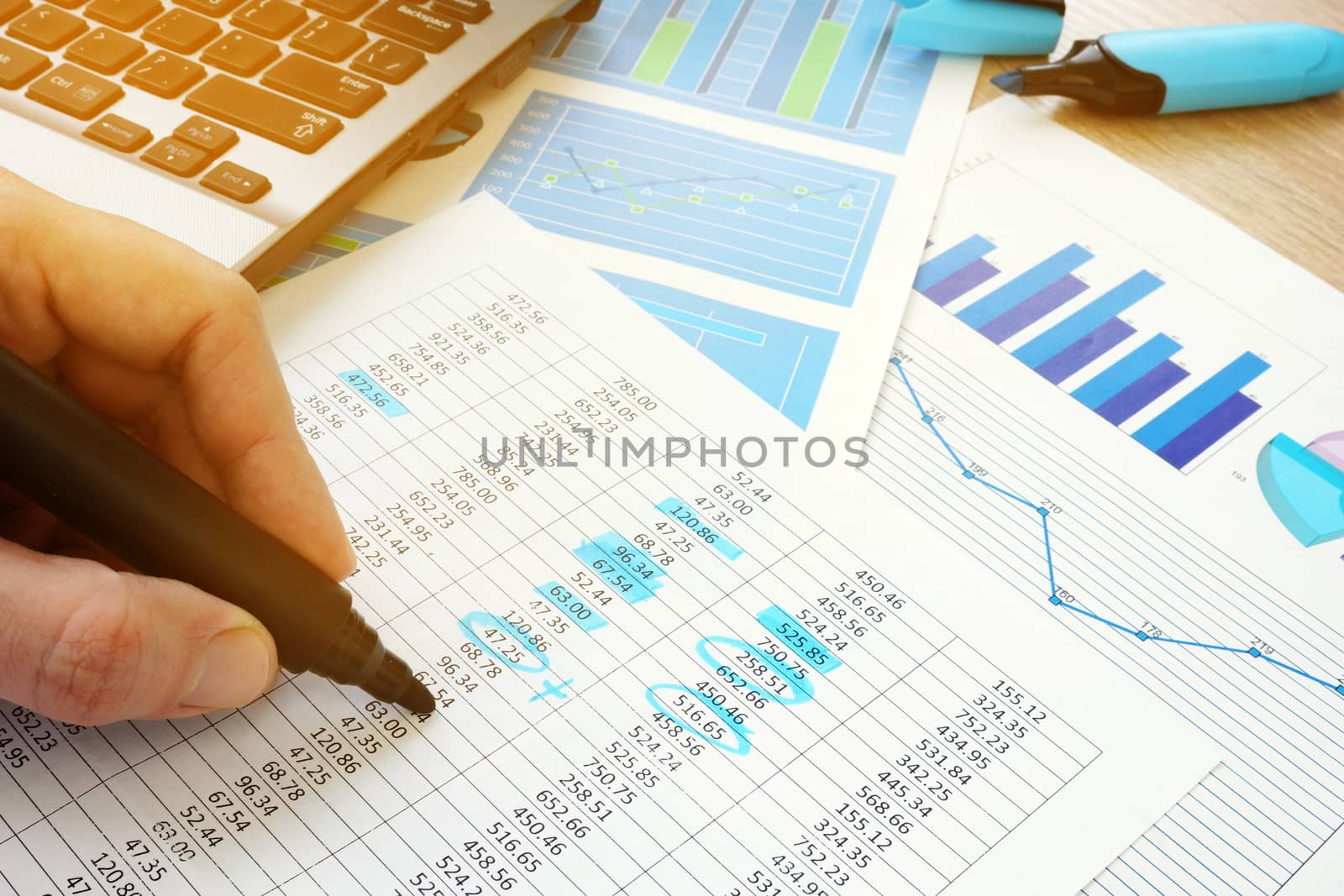 Business audit. Auditor checking documents with financial figures.