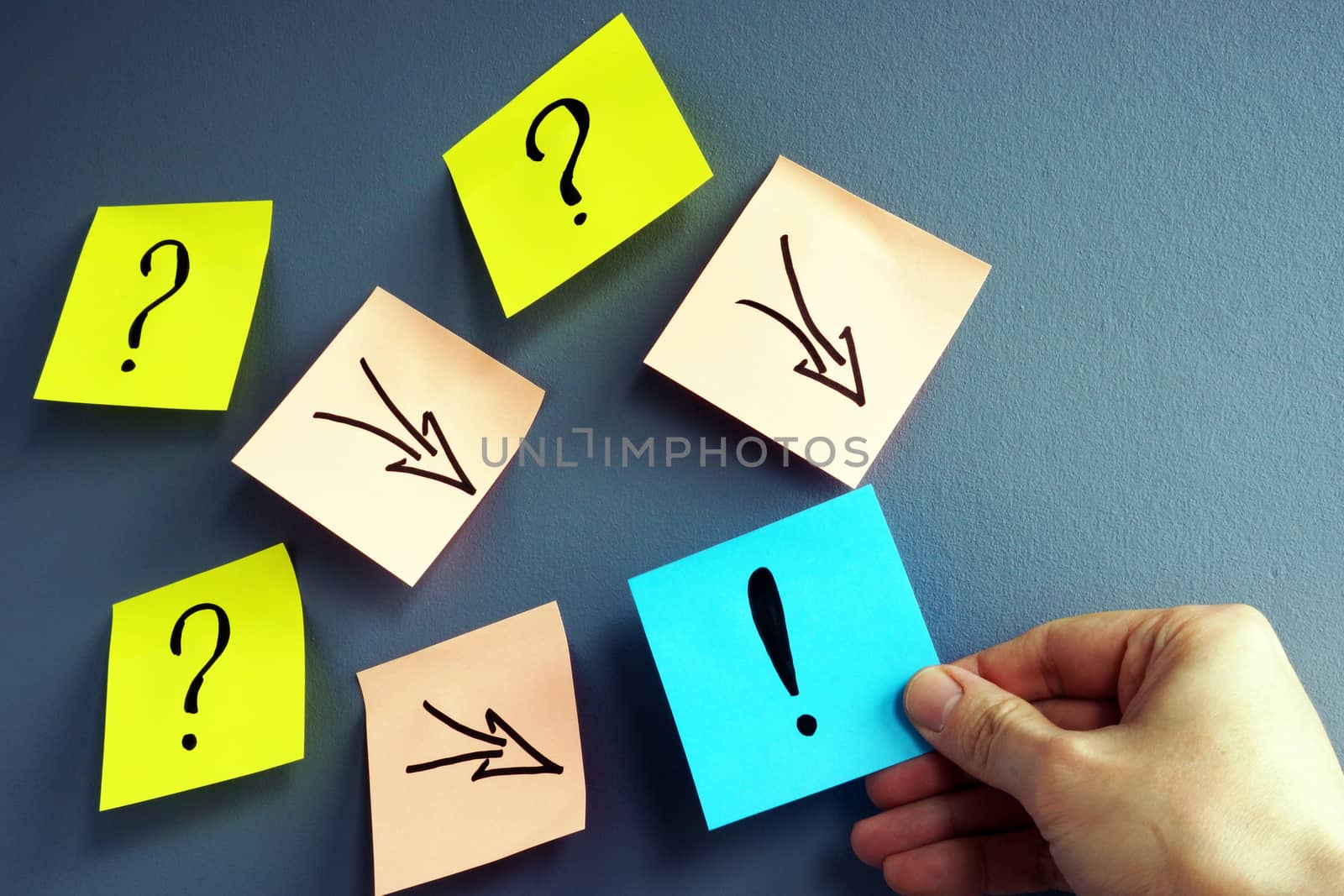 Solving of problem. Answer concept. Question marks and arrows to exclamation mark.