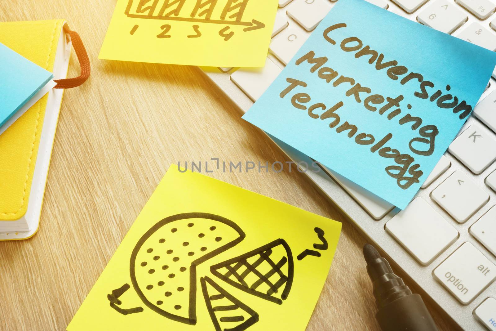 Memo stick Conversion Marketing Technology on a keyboard. by designer491