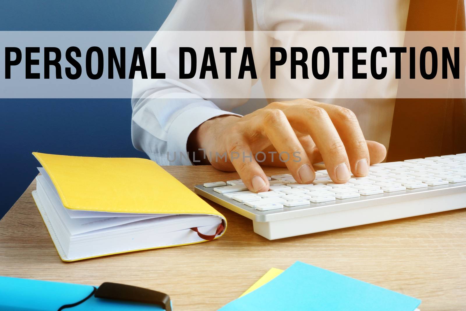 Personal data protection. Manager typing on a keyboard.
