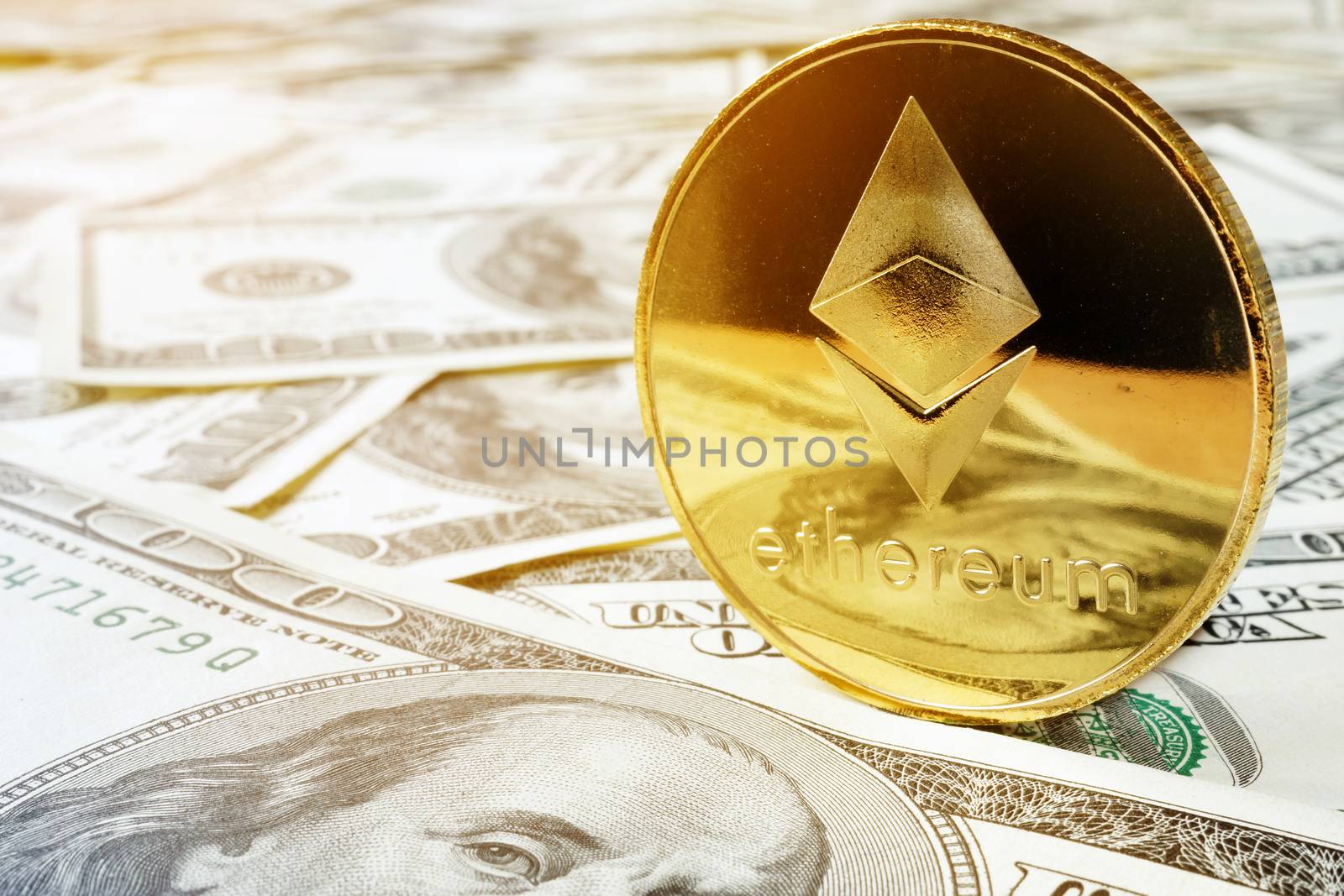 Ethereum ETH coin and dollars. Cryptocurrency exchange.