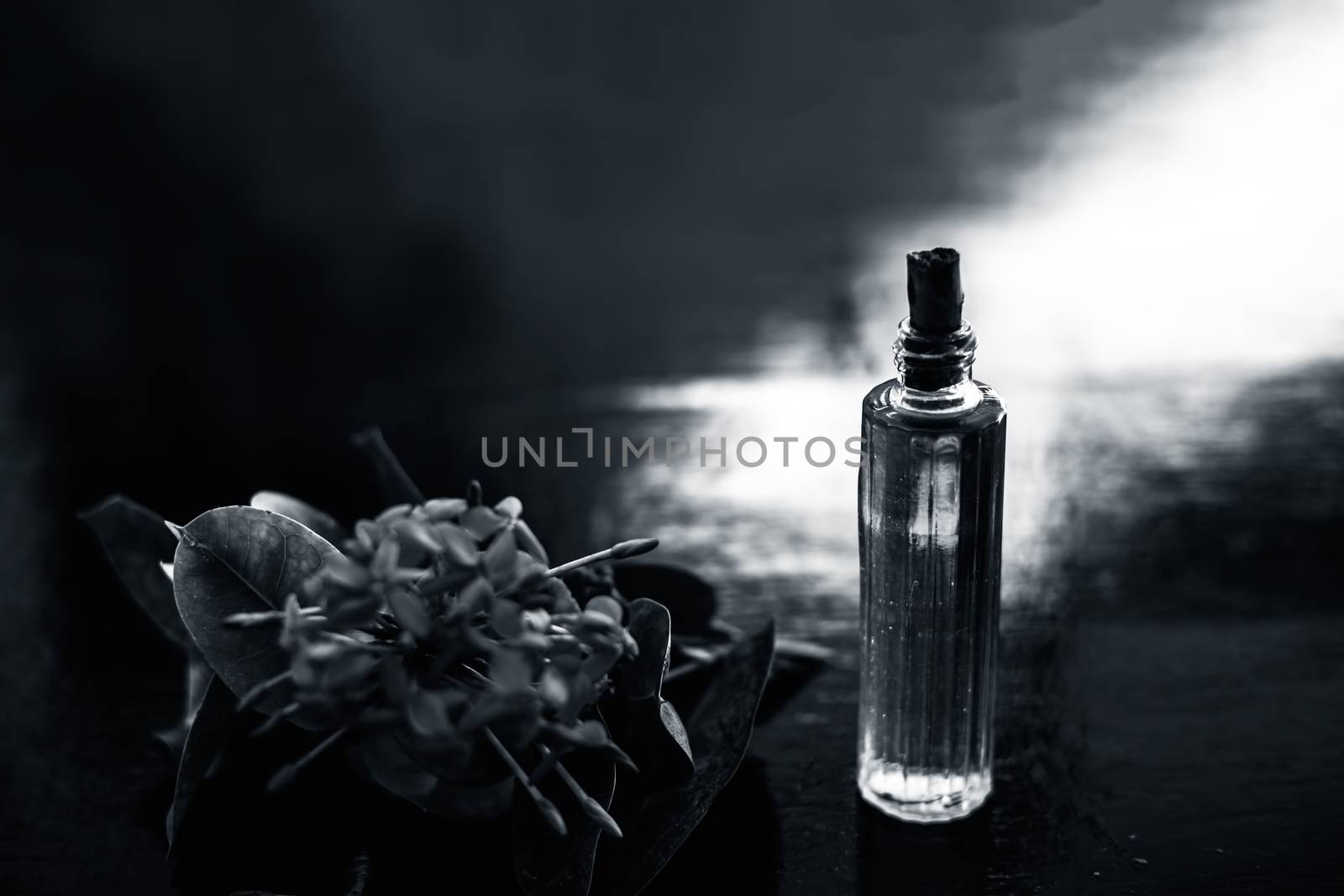 Close up of red colored pentas flower or Egyptian Star Flower or jasmine on wooden surface with its extracted spray or perfume in a transparent glass bottle.