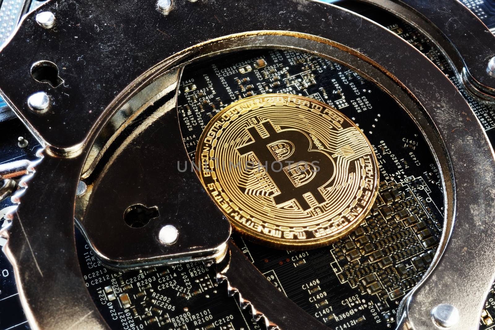 Handcuffs and Bitcoin coin. Crime with cryptocurrency.