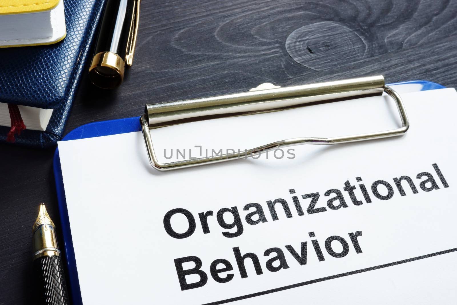 Organizational Behavior report on an office desk.