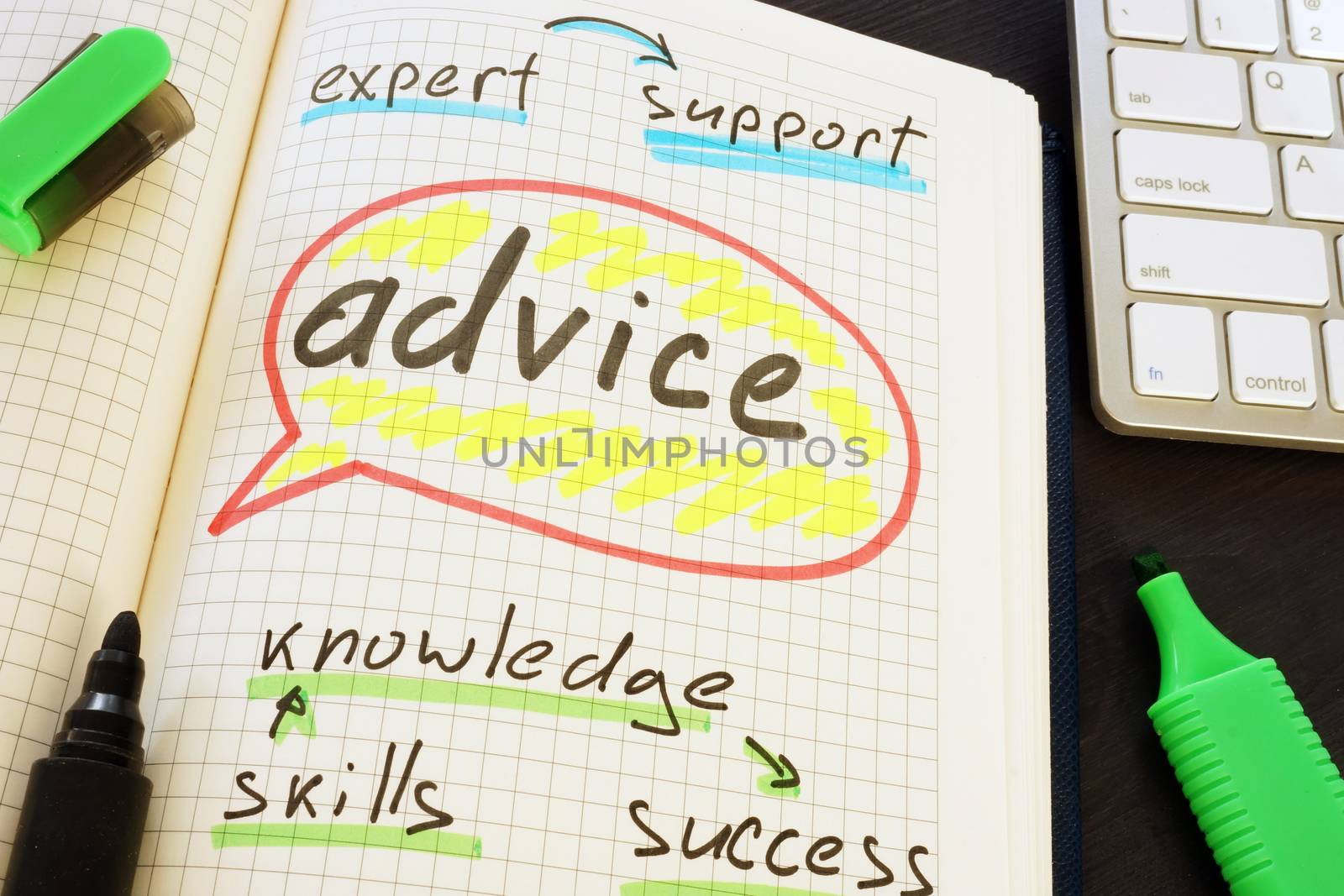 Advice handwritten in the notepad. Mentoring concept.