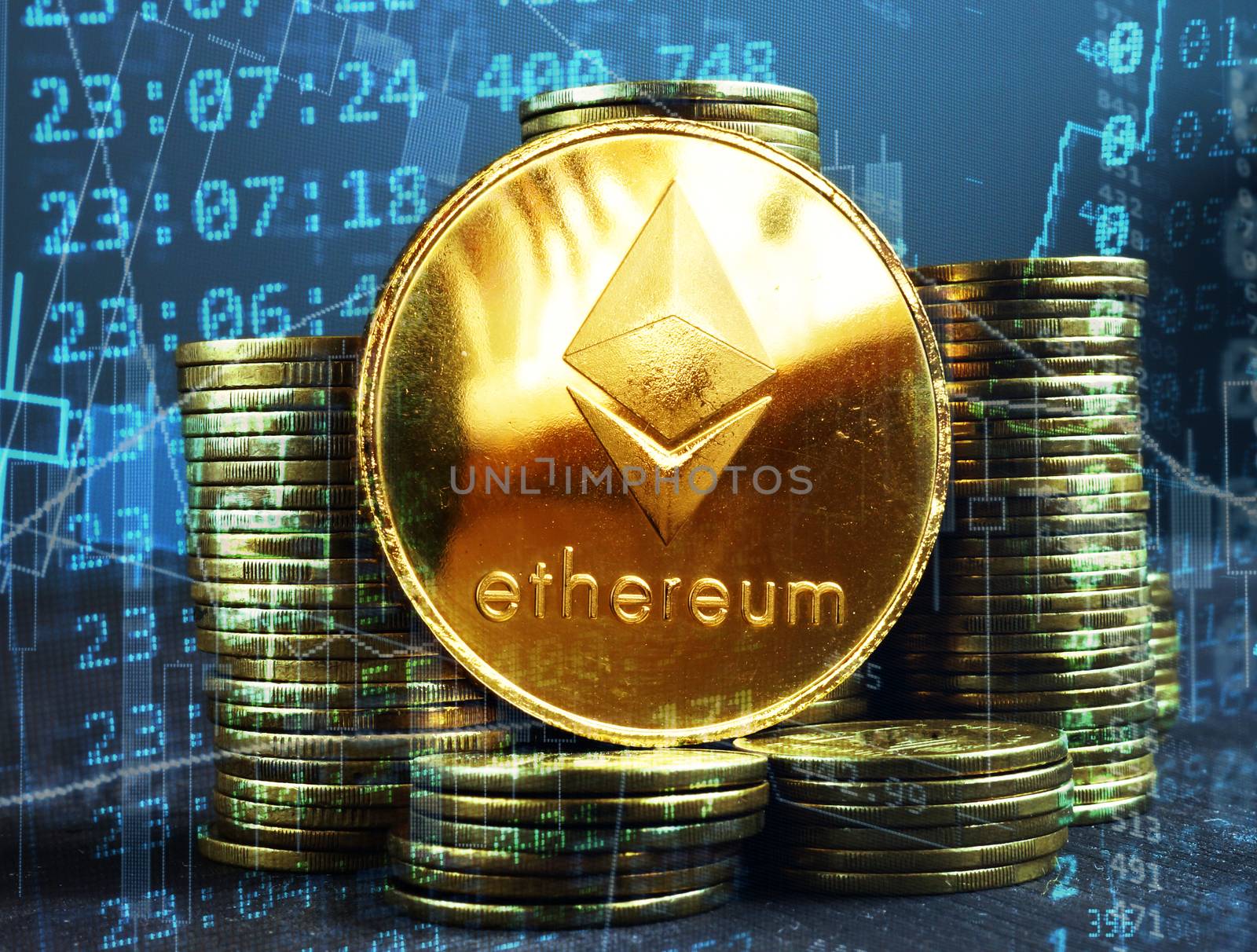 Ethereum ETH coins. Crypto stock exchange concept.