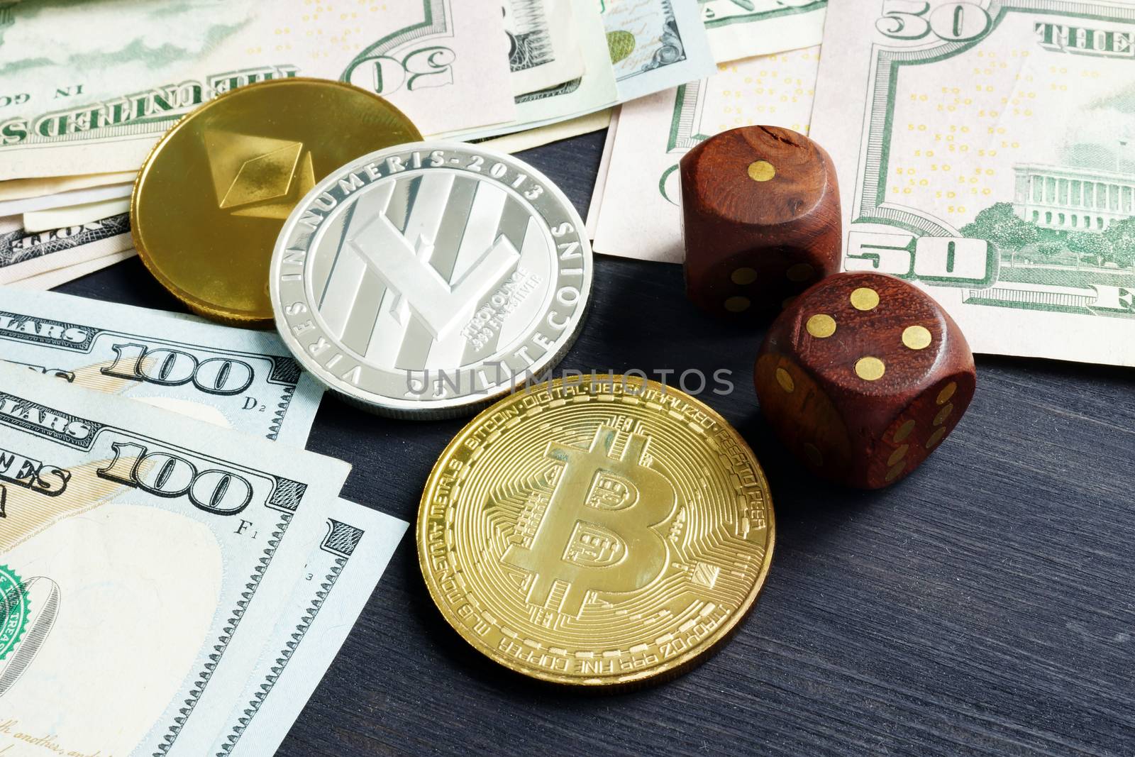 Crypto currency trading concept. Cryptocurrency stock exchange. Coins and dices.