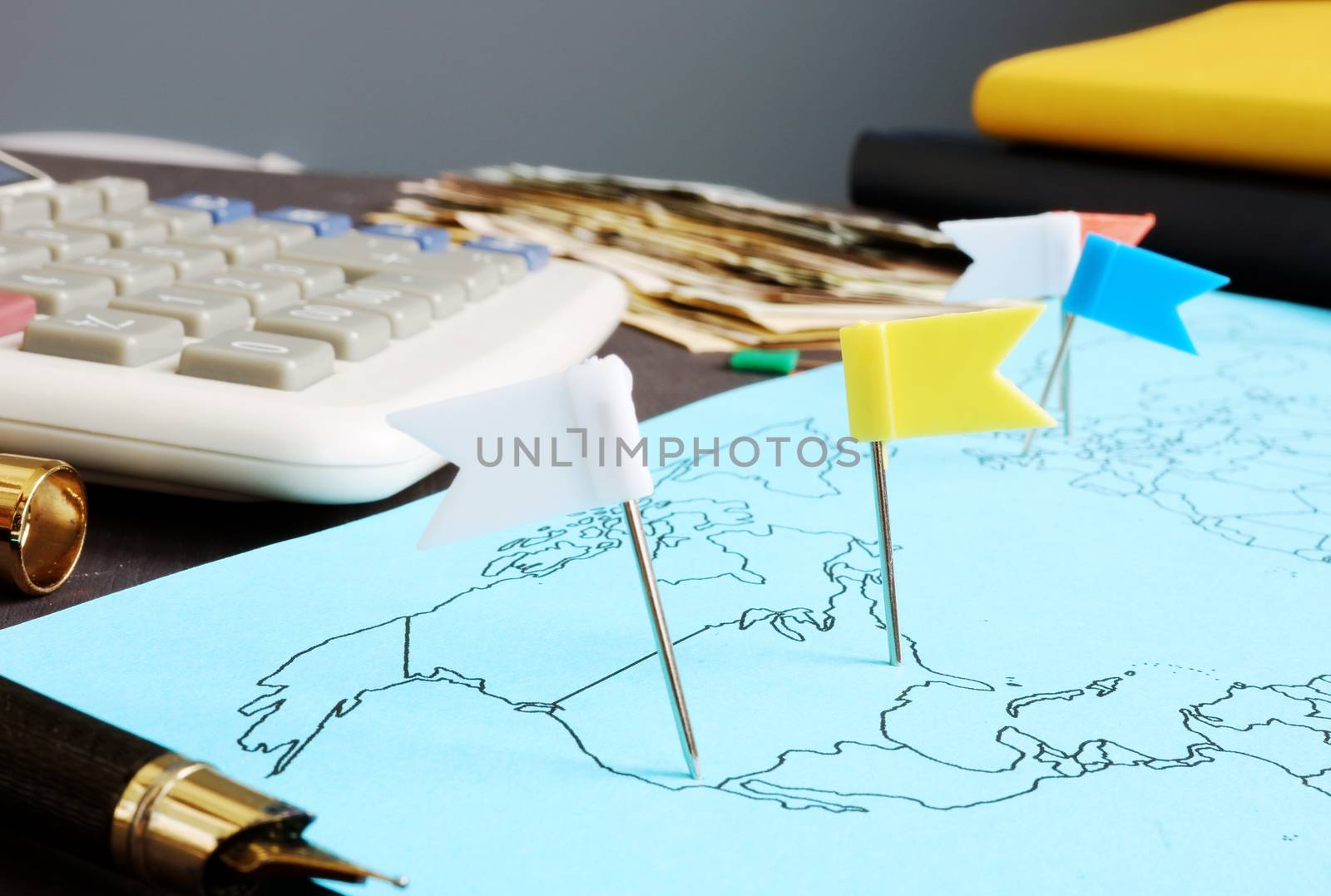Global business. Map with flags and money.