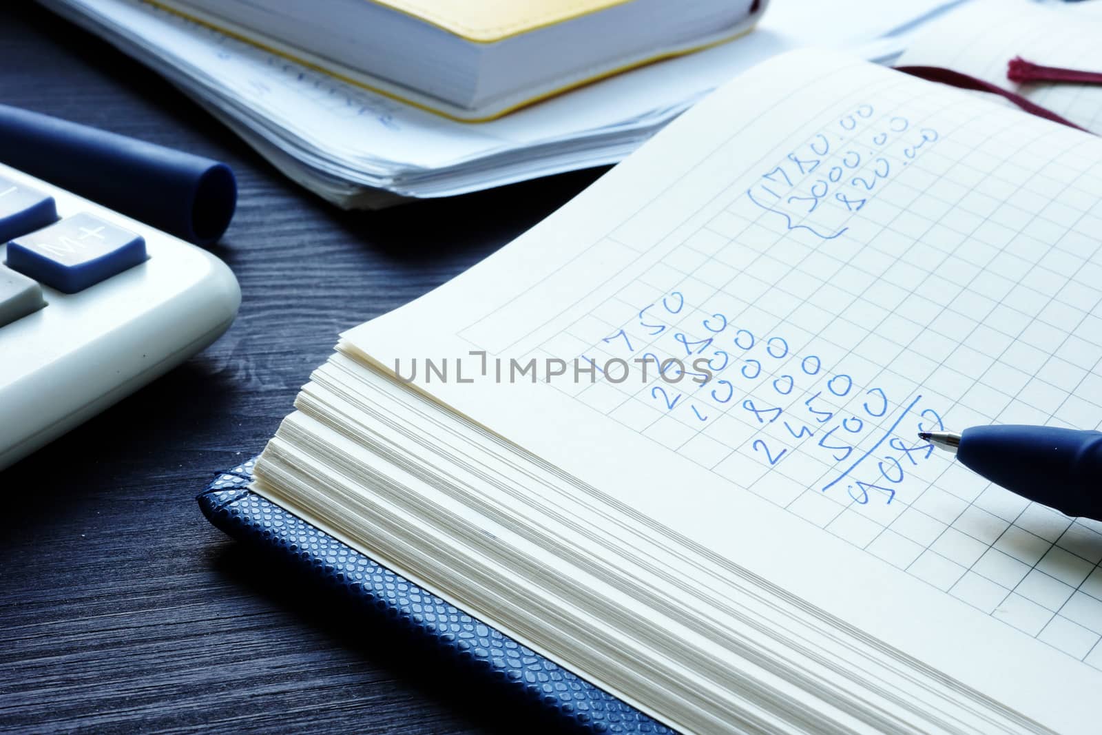 Personal or Home finances. Calculator, money and notepad with figures.