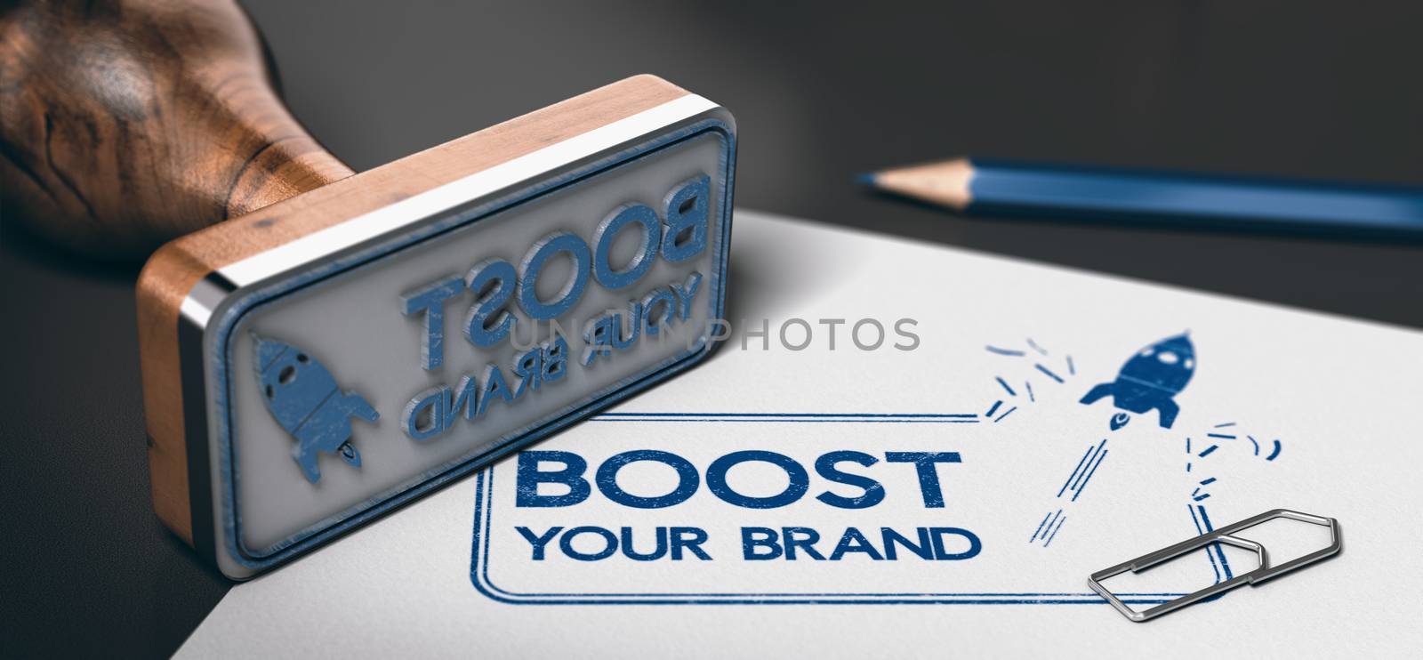 Rubber stamp with the text boost your brand and a rocket symbol printed on a sheet of paper. Concept of marketing. 3D illustration