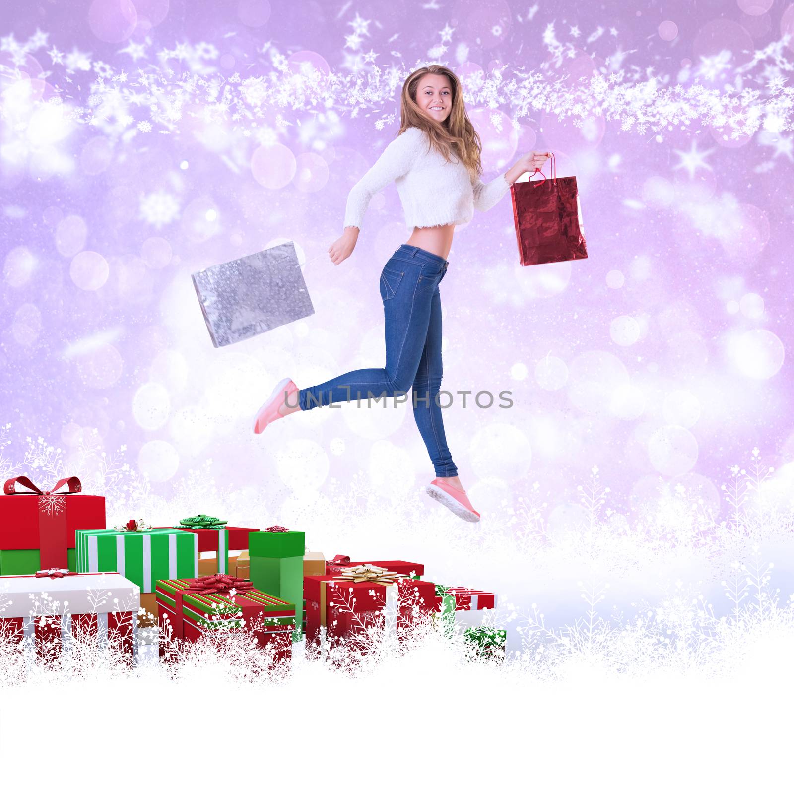 Pretty blonde with shopping bags against purple abstract light spot design