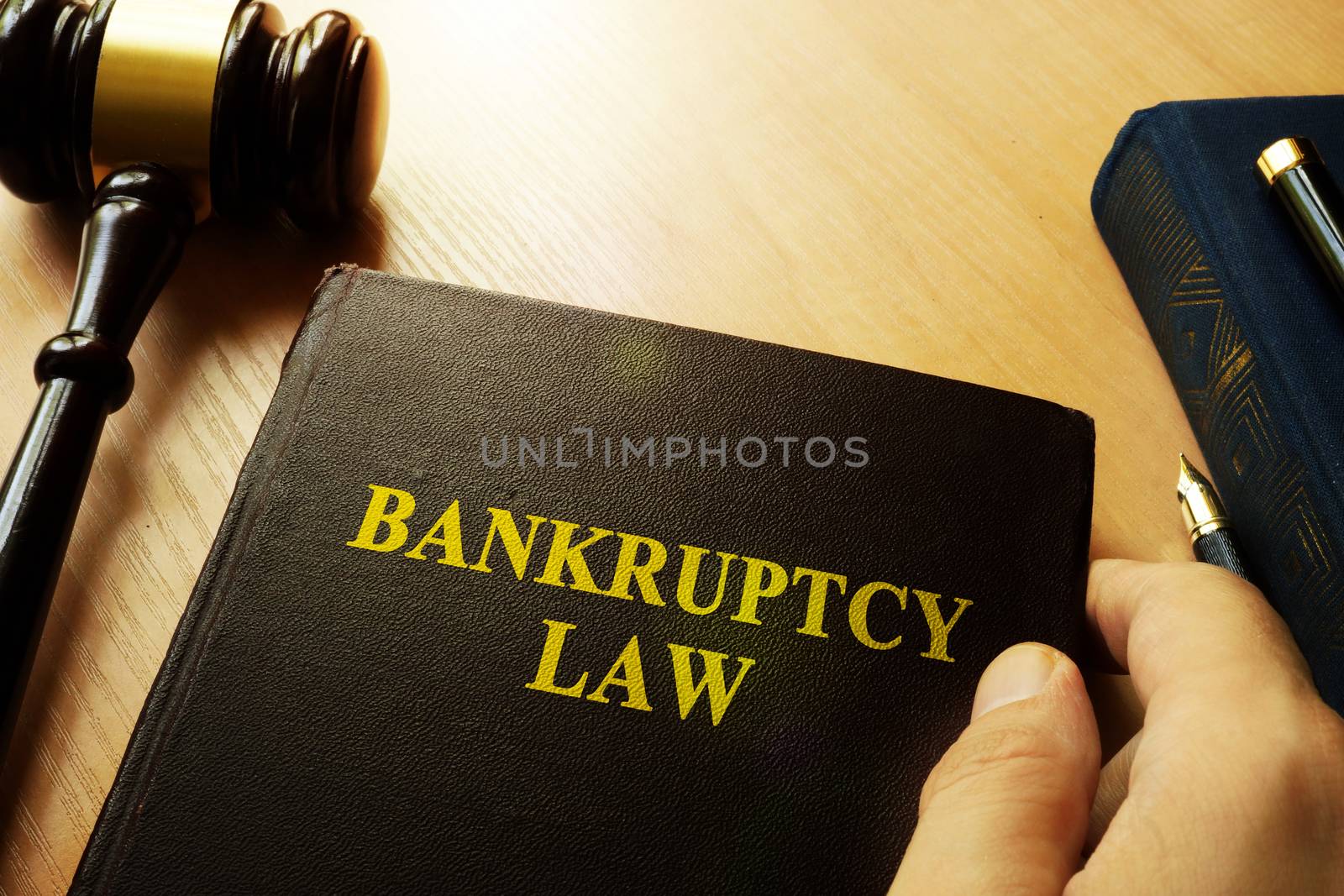 Hands holding Bankruptcy Law in a court.